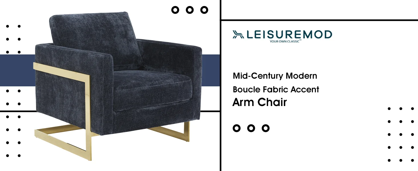 Lincoln Boucle Fabric Accent Armchair with Gold Stainless Steel Frame and Removable Back Cushion in Blue