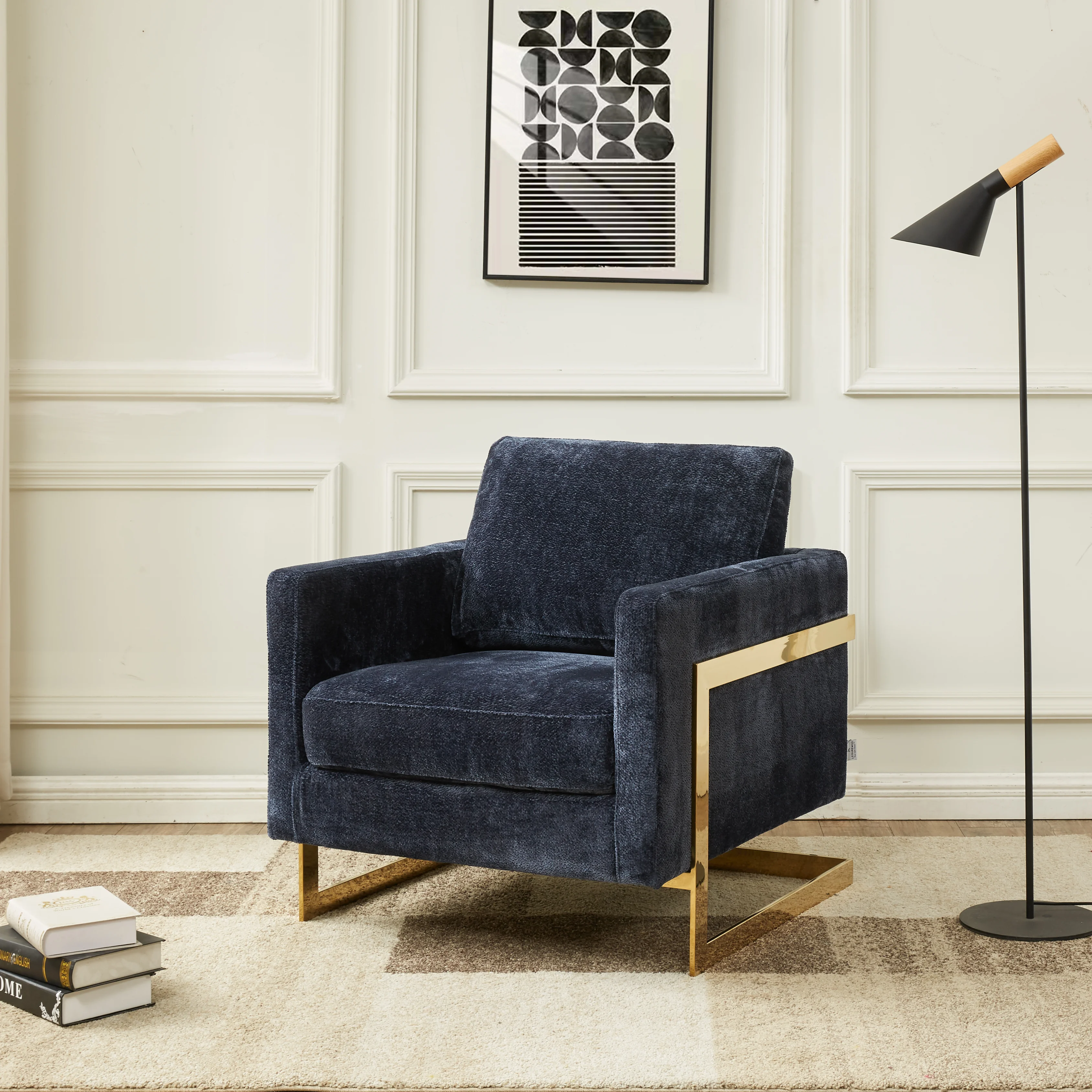 Lincoln Boucle Fabric Accent Armchair with Gold Stainless Steel Frame and Removable Back Cushion in Blue