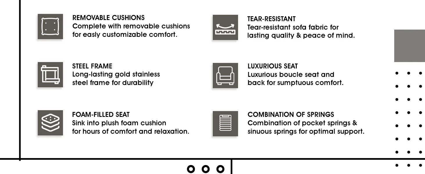 Lincoln Boucle Fabric Accent Armchair with Gold Stainless Steel Frame and Removable Back Cushion in Grey