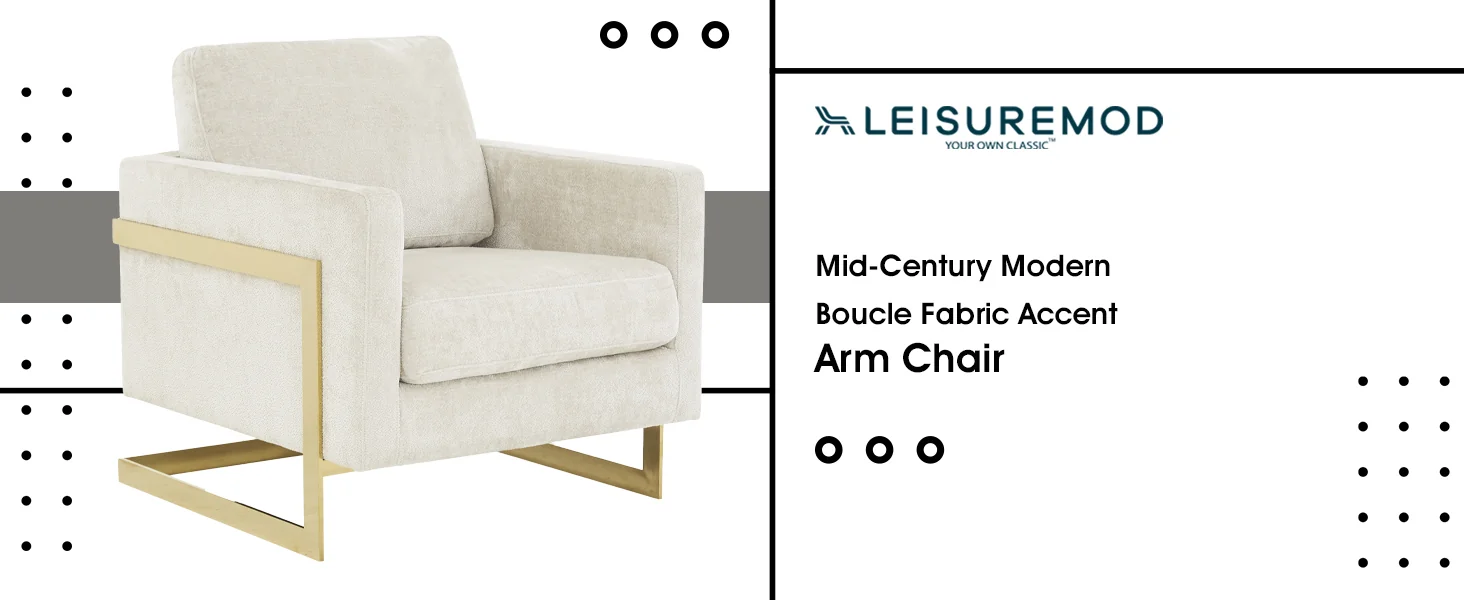 Lincoln Boucle Fabric Accent Armchair with Gold Stainless Steel Frame and Removable Back Cushion in Grey
