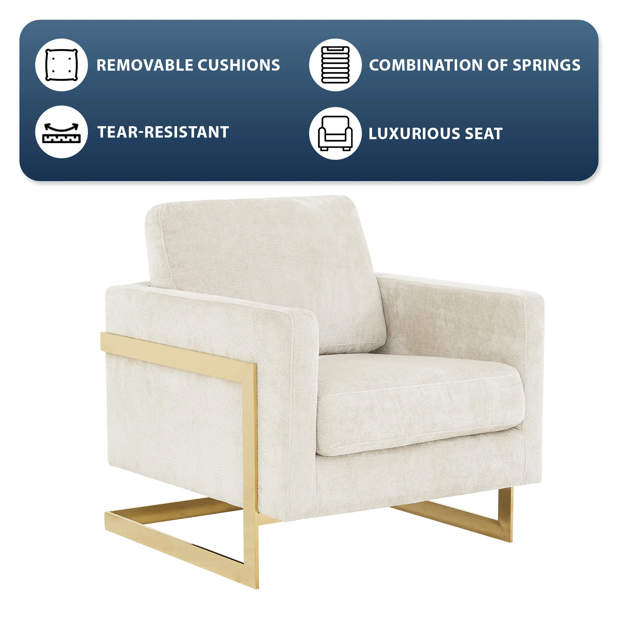 Lincoln Boucle Fabric Accent Armchair with Gold Stainless Steel Frame and Removable Back Cushion in Grey