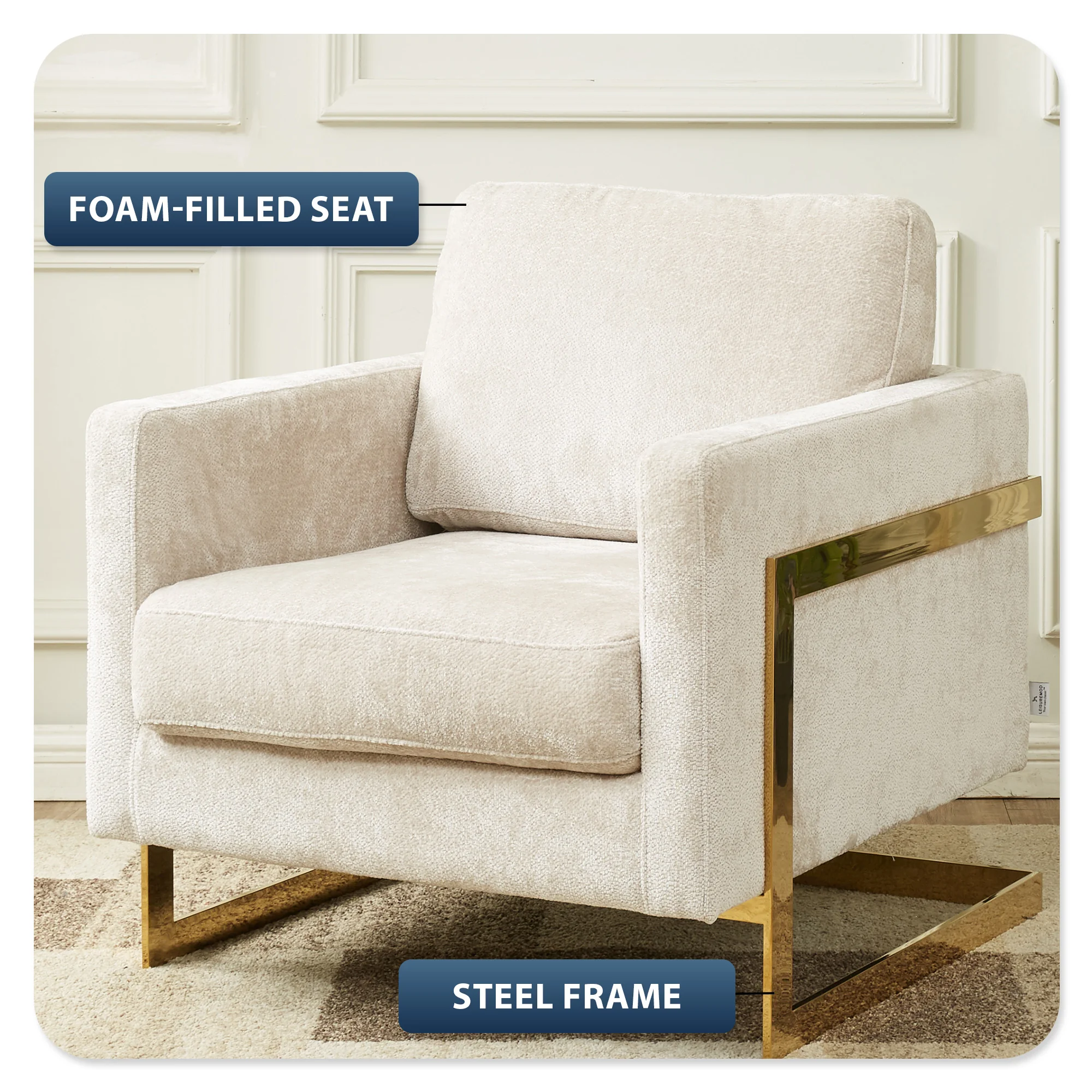 Lincoln Boucle Fabric Accent Armchair with Gold Stainless Steel Frame and Removable Back Cushion in Grey