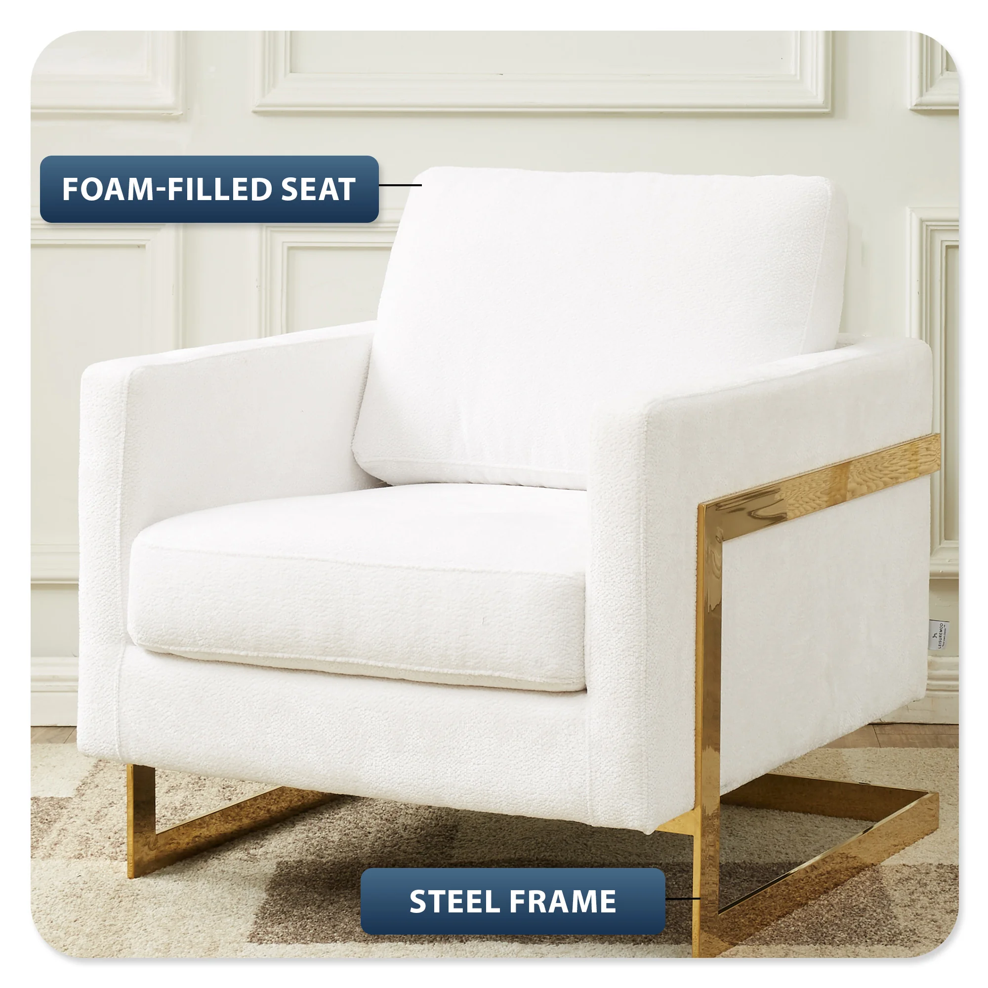 Lincoln Boucle Fabric Accent Armchair with Gold Stainless Steel Frame and Removable Back Cushion in White