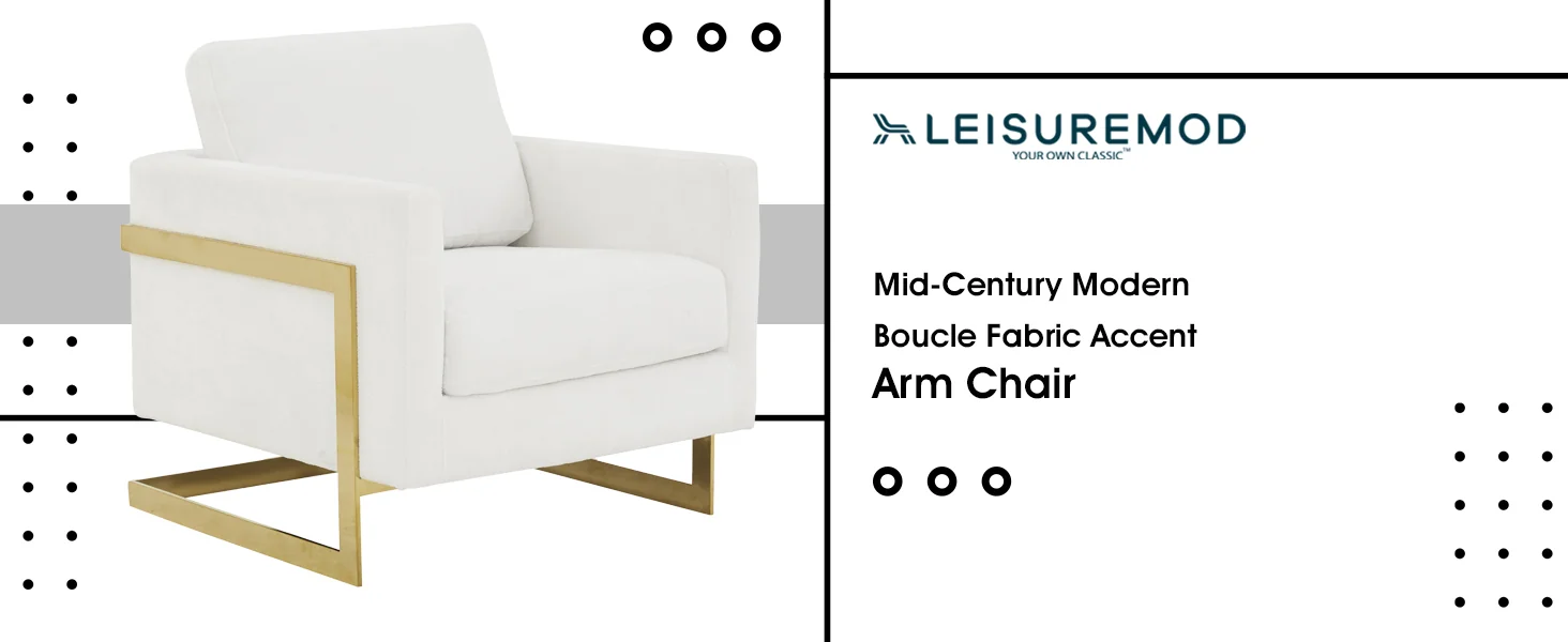 Lincoln Boucle Fabric Accent Armchair with Gold Stainless Steel Frame and Removable Back Cushion in White
