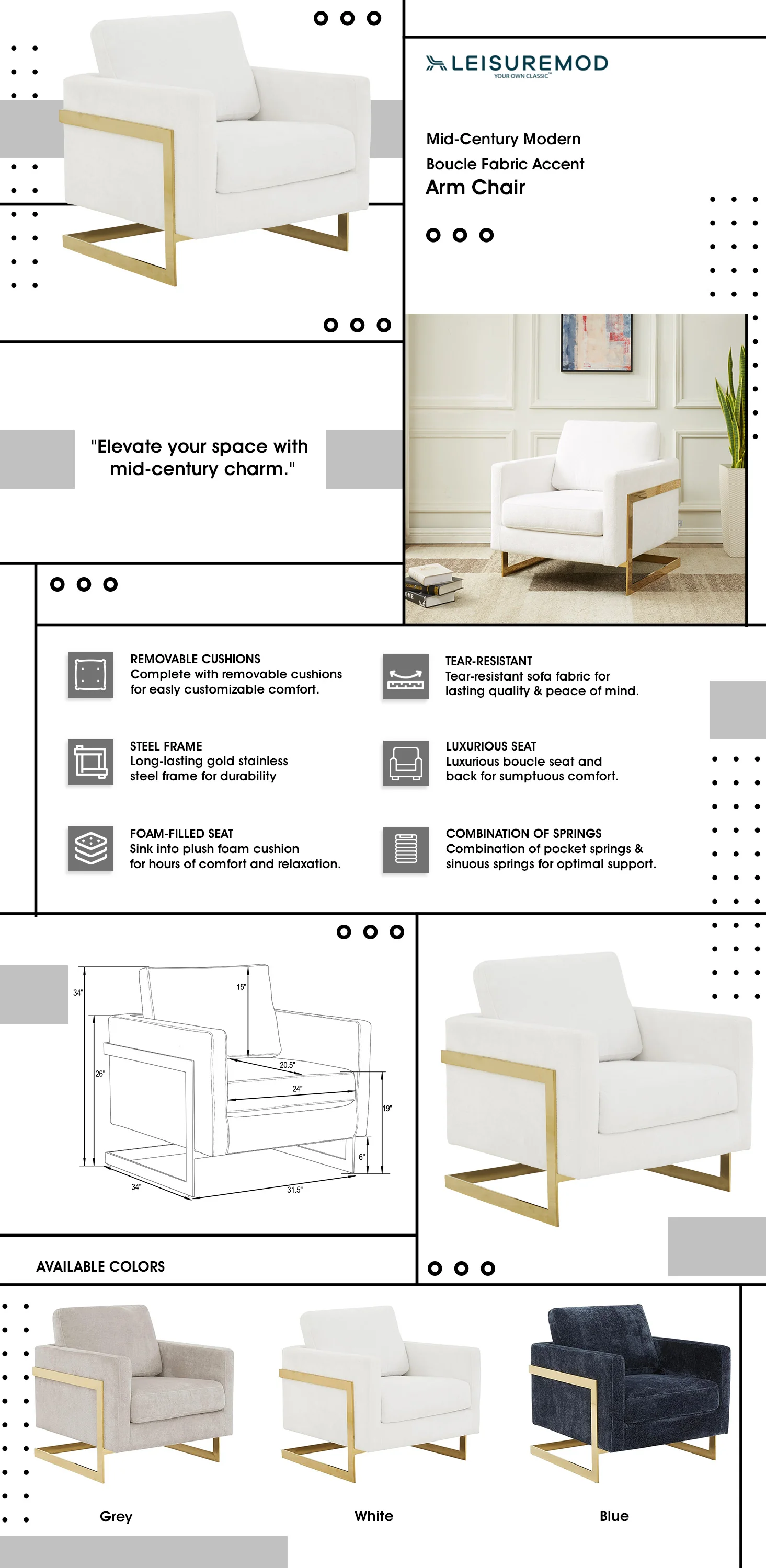 Lincoln Boucle Fabric Accent Armchair with Gold Stainless Steel Frame and Removable Back Cushion in White
