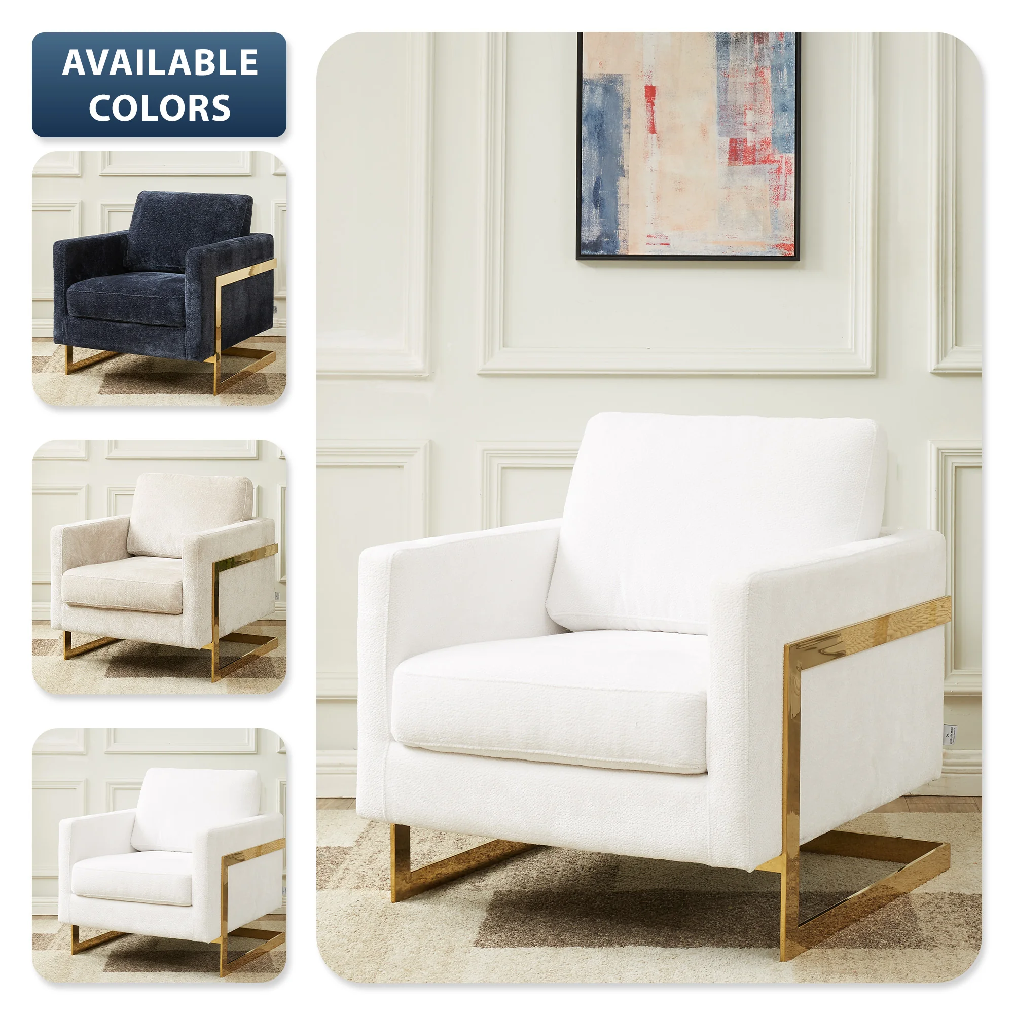 Lincoln Boucle Fabric Accent Armchair with Gold Stainless Steel Frame and Removable Back Cushion in White