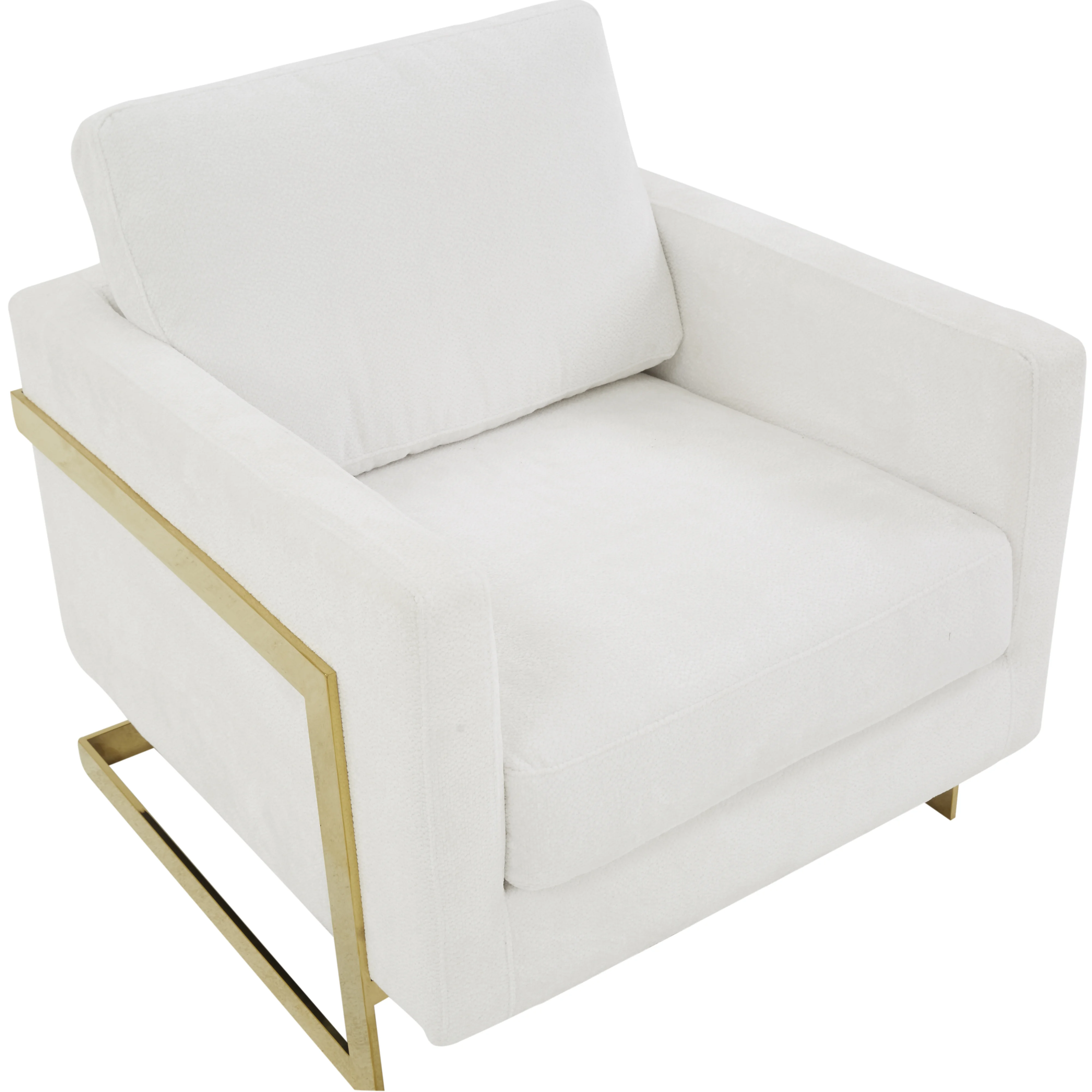 Lincoln Boucle Fabric Accent Armchair with Gold Stainless Steel Frame and Removable Back Cushion in White