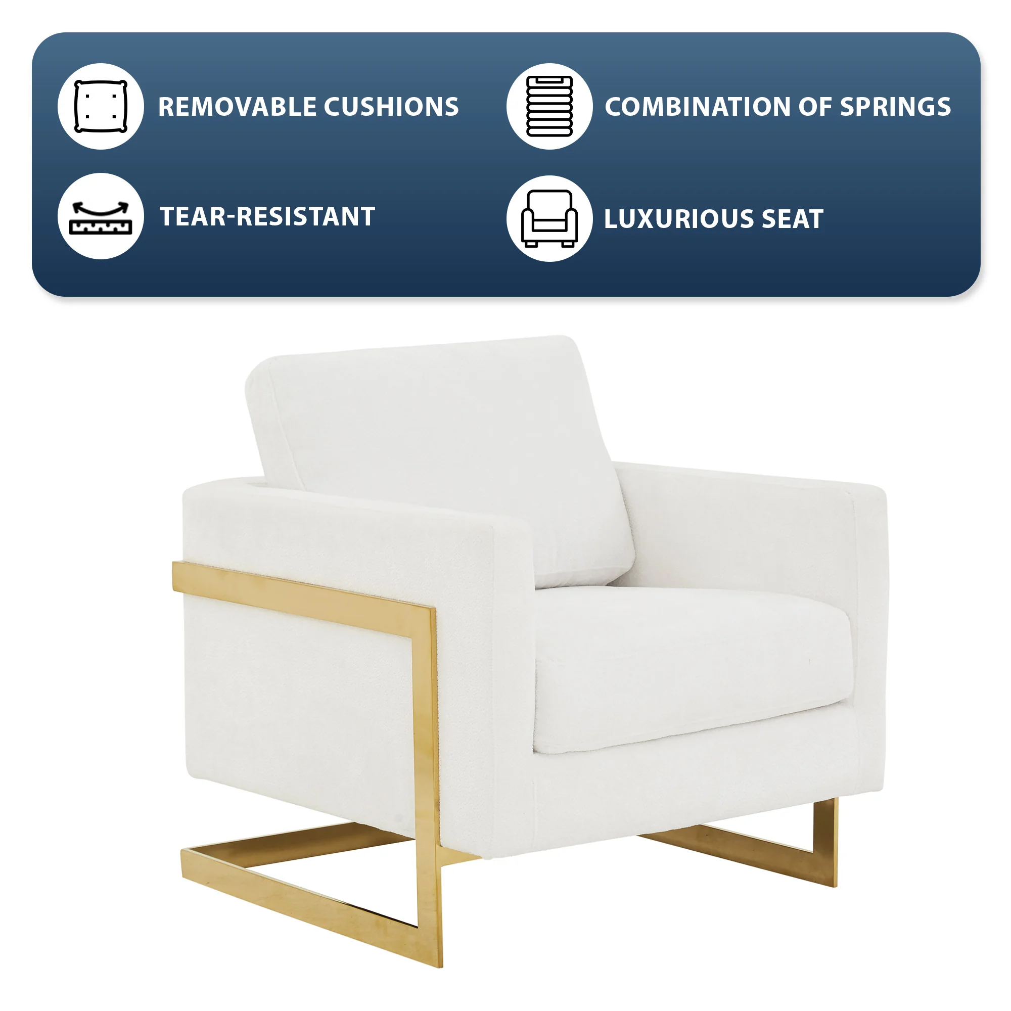 Lincoln Boucle Fabric Accent Armchair with Gold Stainless Steel Frame and Removable Back Cushion in White