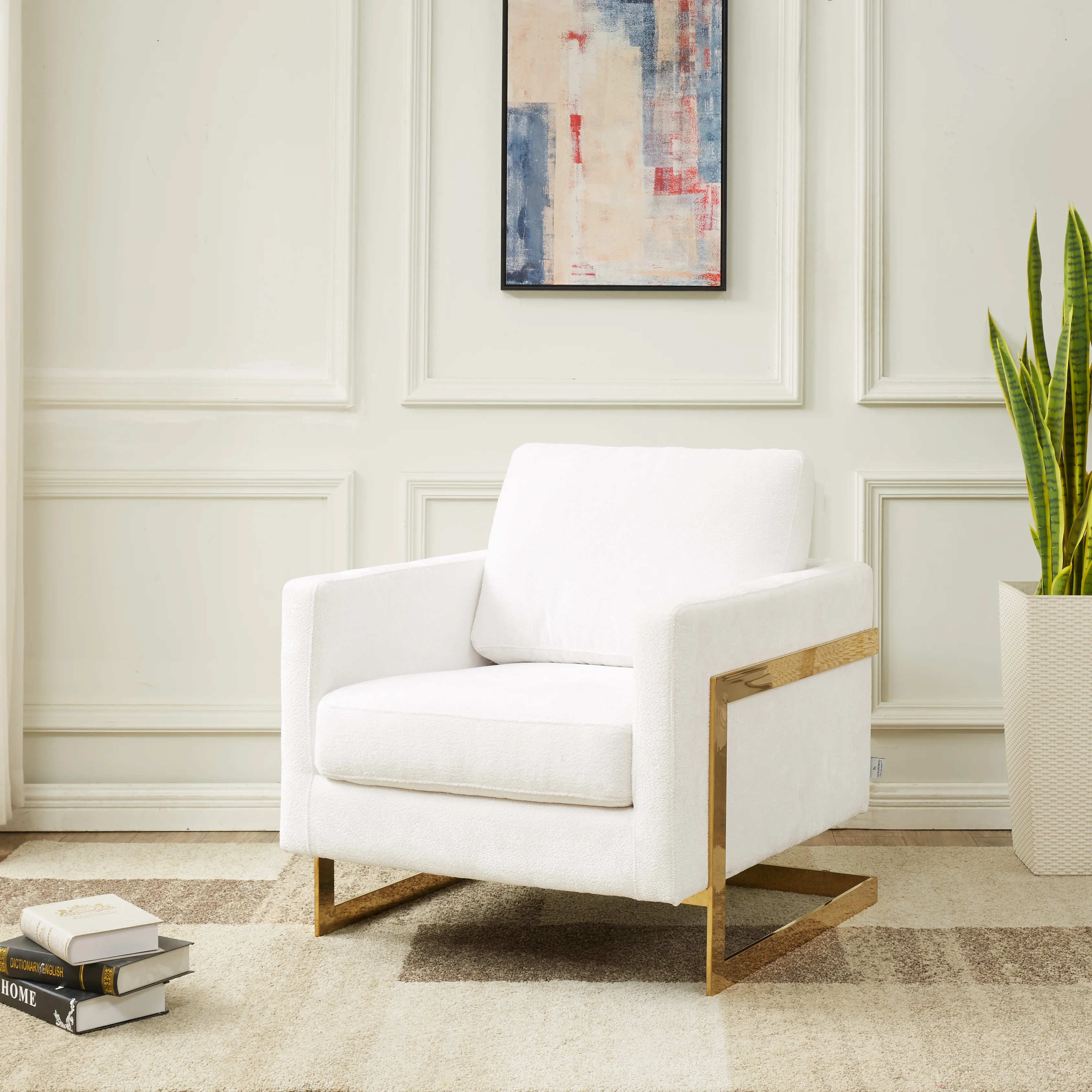 Lincoln Boucle Fabric Accent Armchair with Gold Stainless Steel Frame and Removable Back Cushion in White
