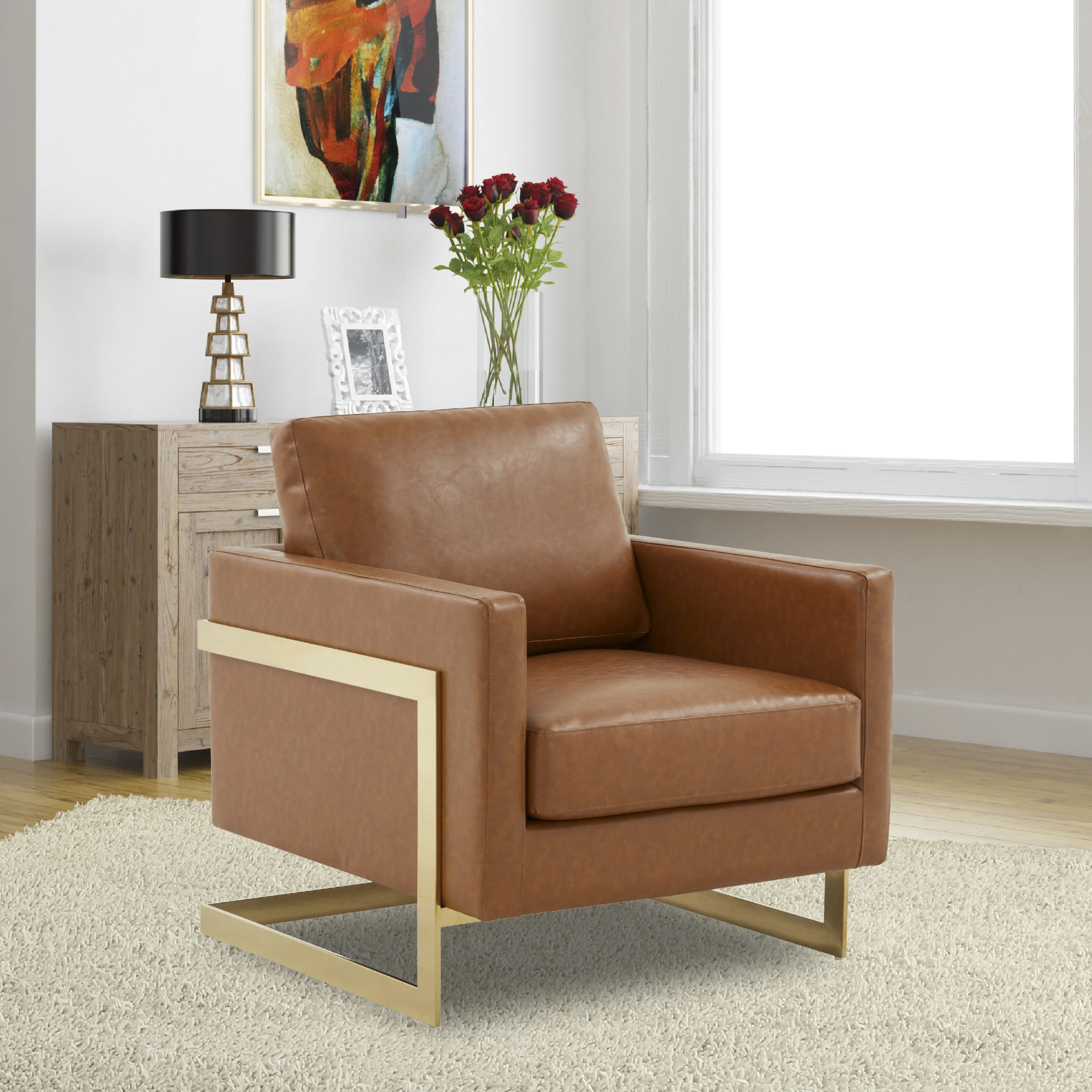 Lincoln Leather Accent Armchair With Gold Frame