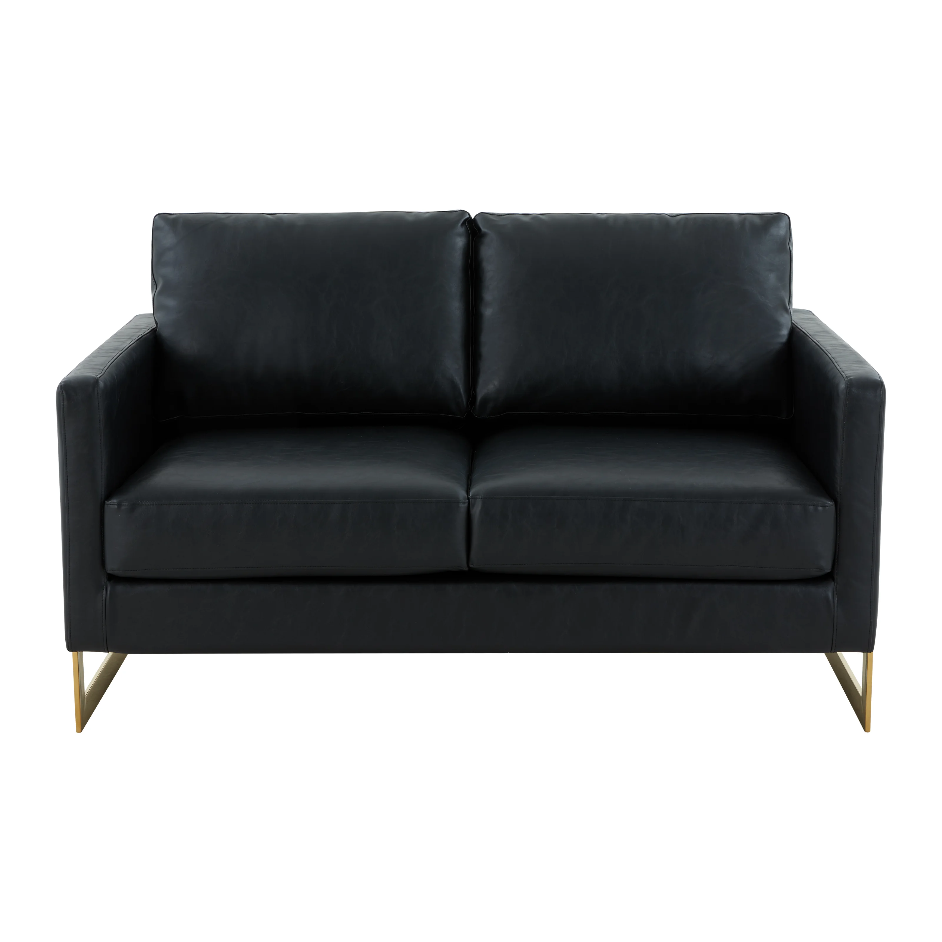 Lincoln Modern Mid-Century Upholstered Leather Loveseat with Gold Frame