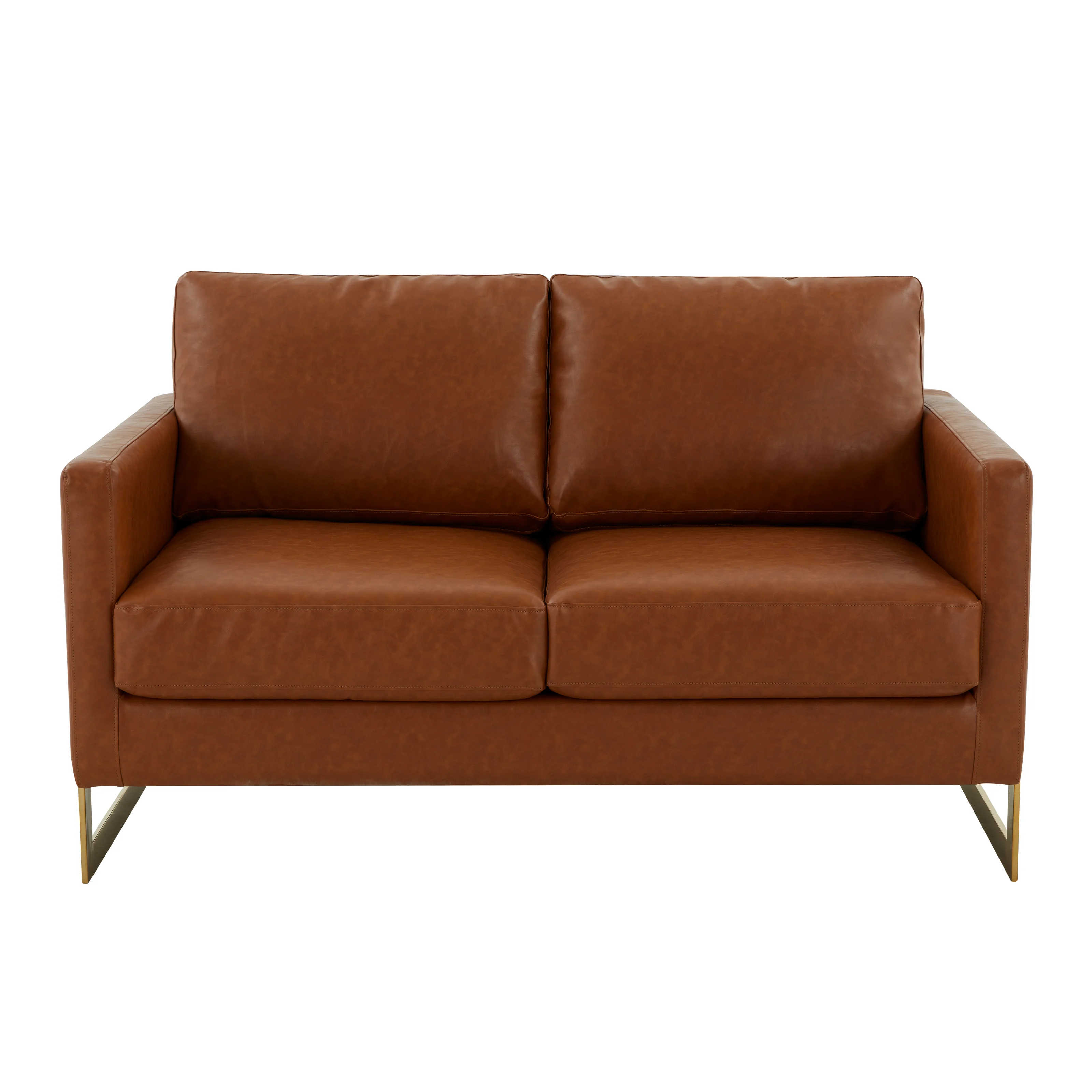 Lincoln Modern Mid-Century Upholstered Leather Loveseat with Gold Frame
