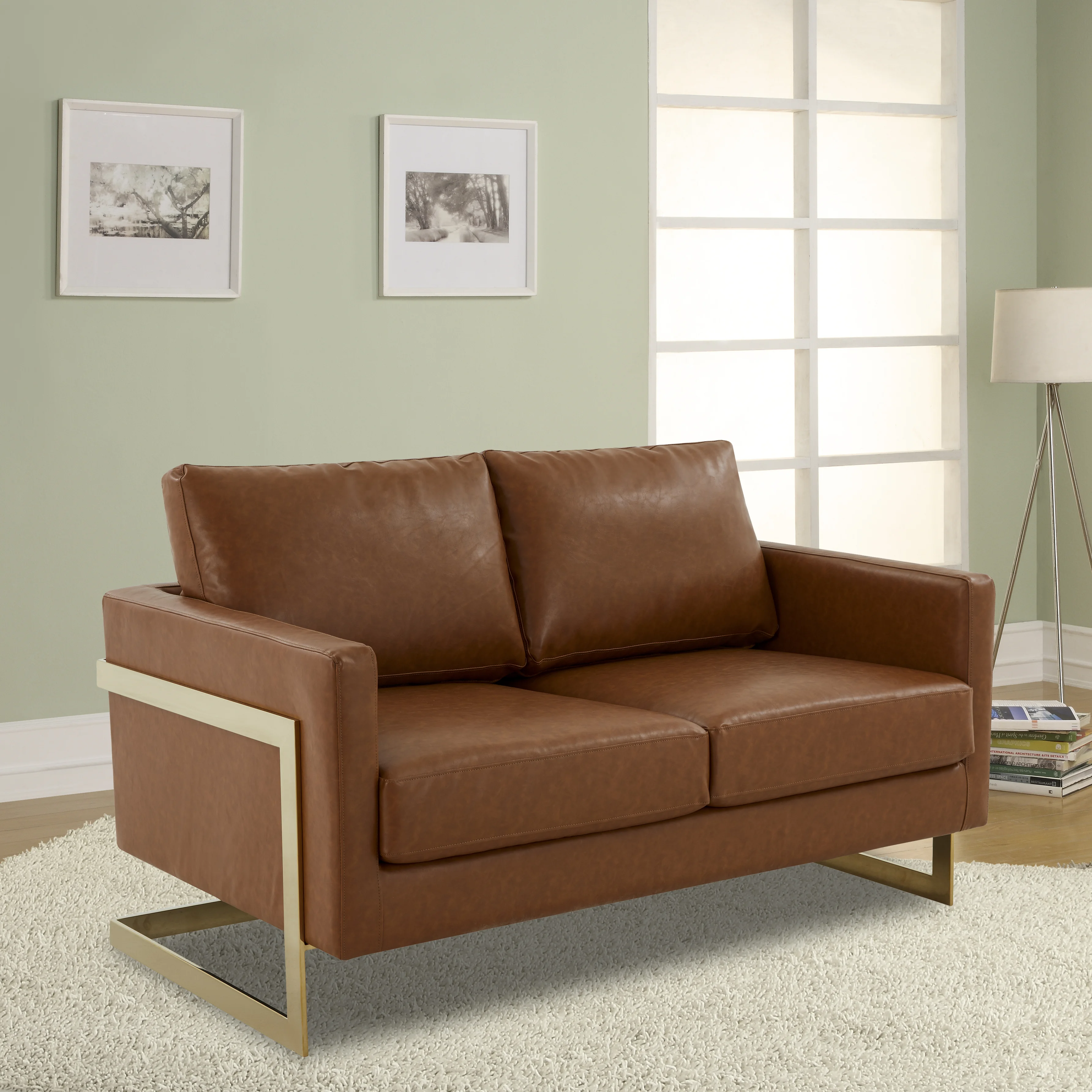 Lincoln Modern Mid-Century Upholstered Leather Loveseat with Gold Frame