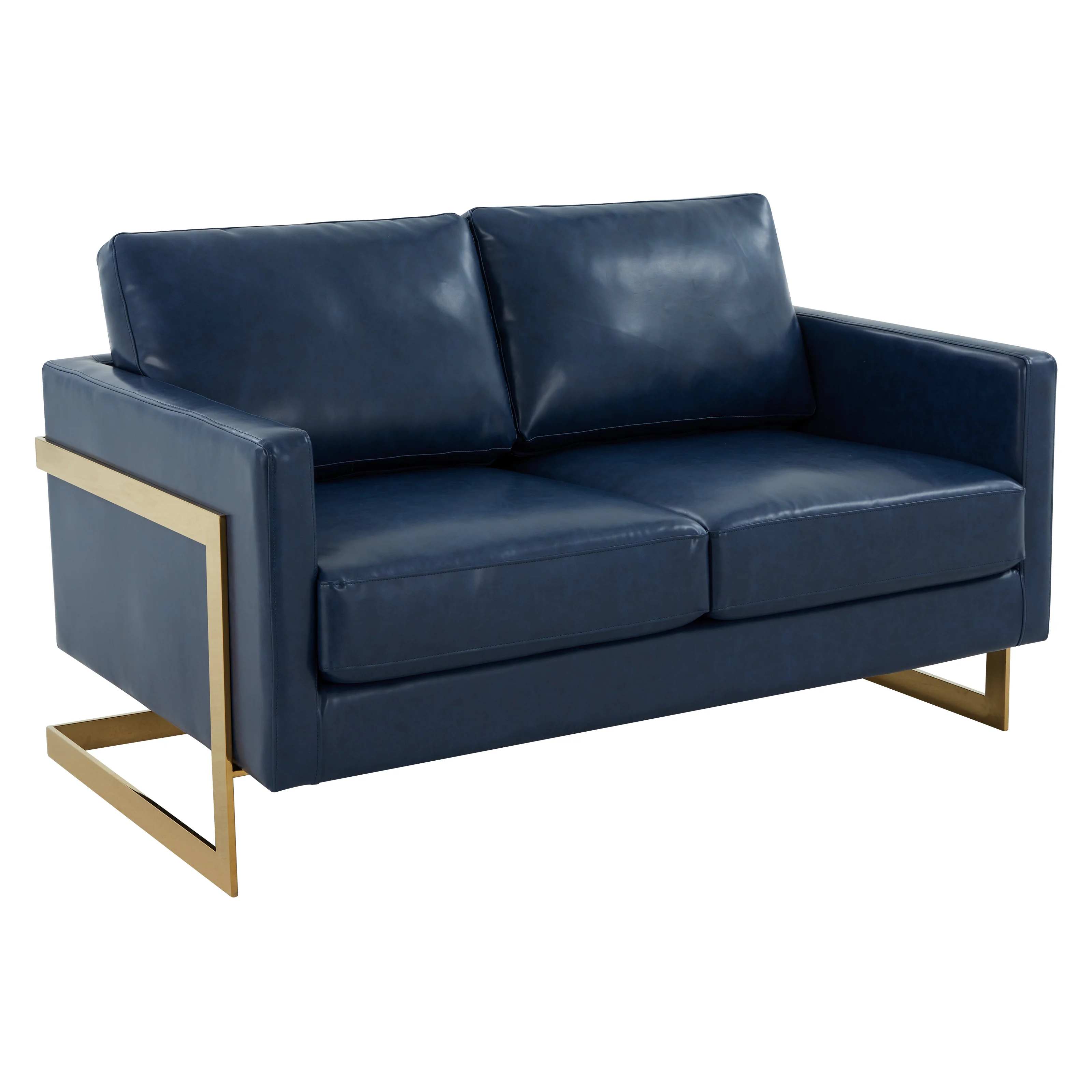 Lincoln Modern Mid-Century Upholstered Leather Loveseat with Gold Frame