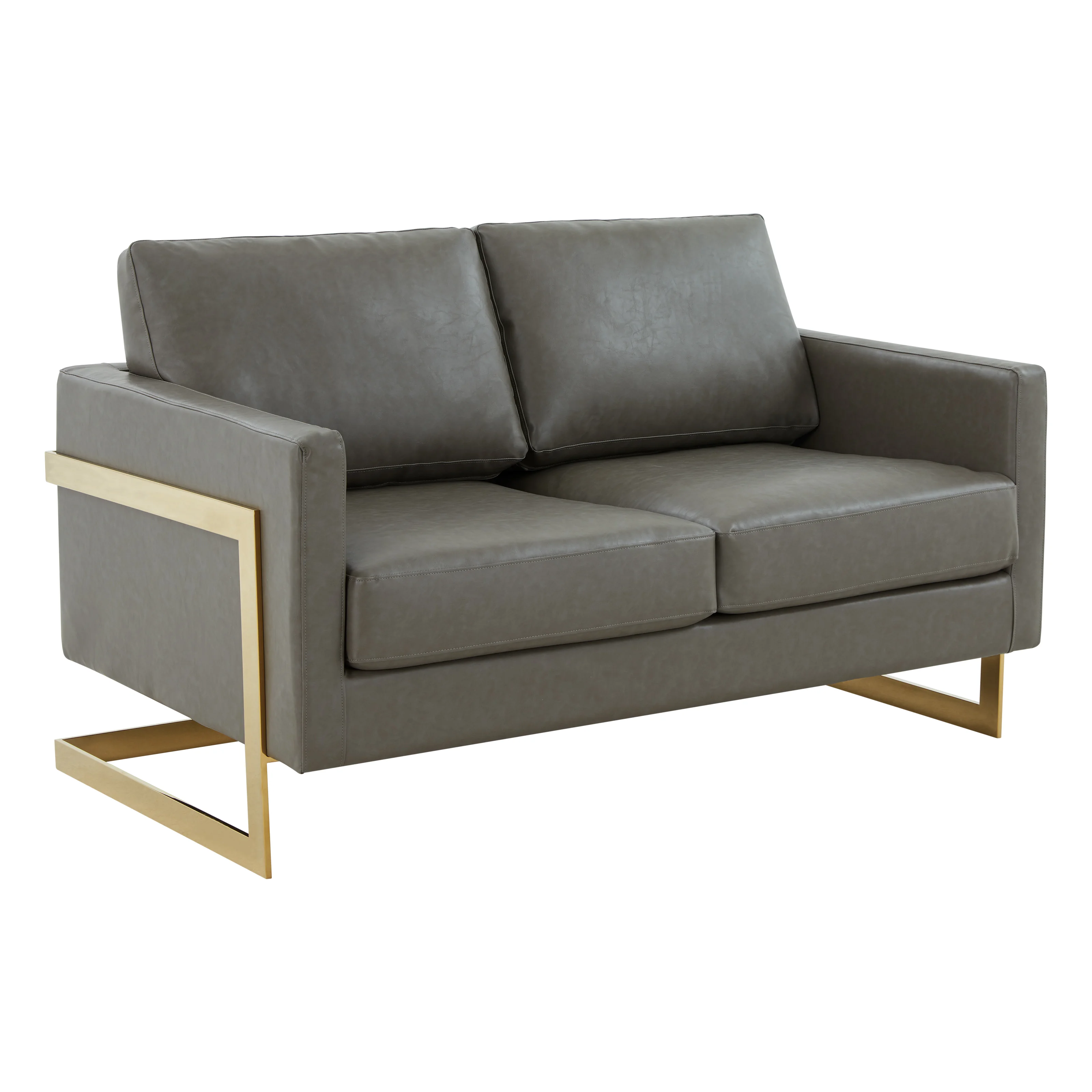 Lincoln Modern Mid-Century Upholstered Leather Loveseat with Gold Frame