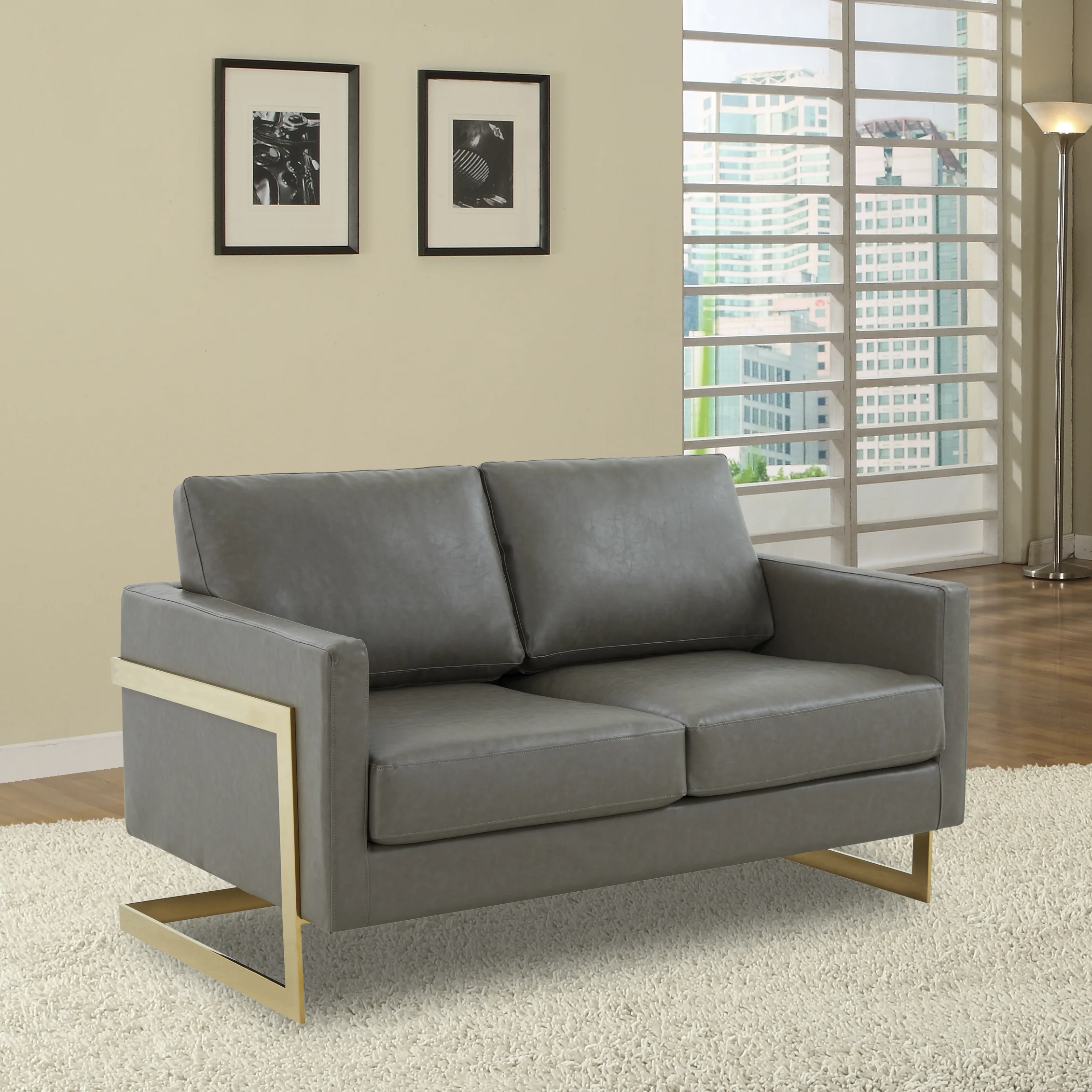 Lincoln Modern Mid-Century Upholstered Leather Loveseat with Gold Frame