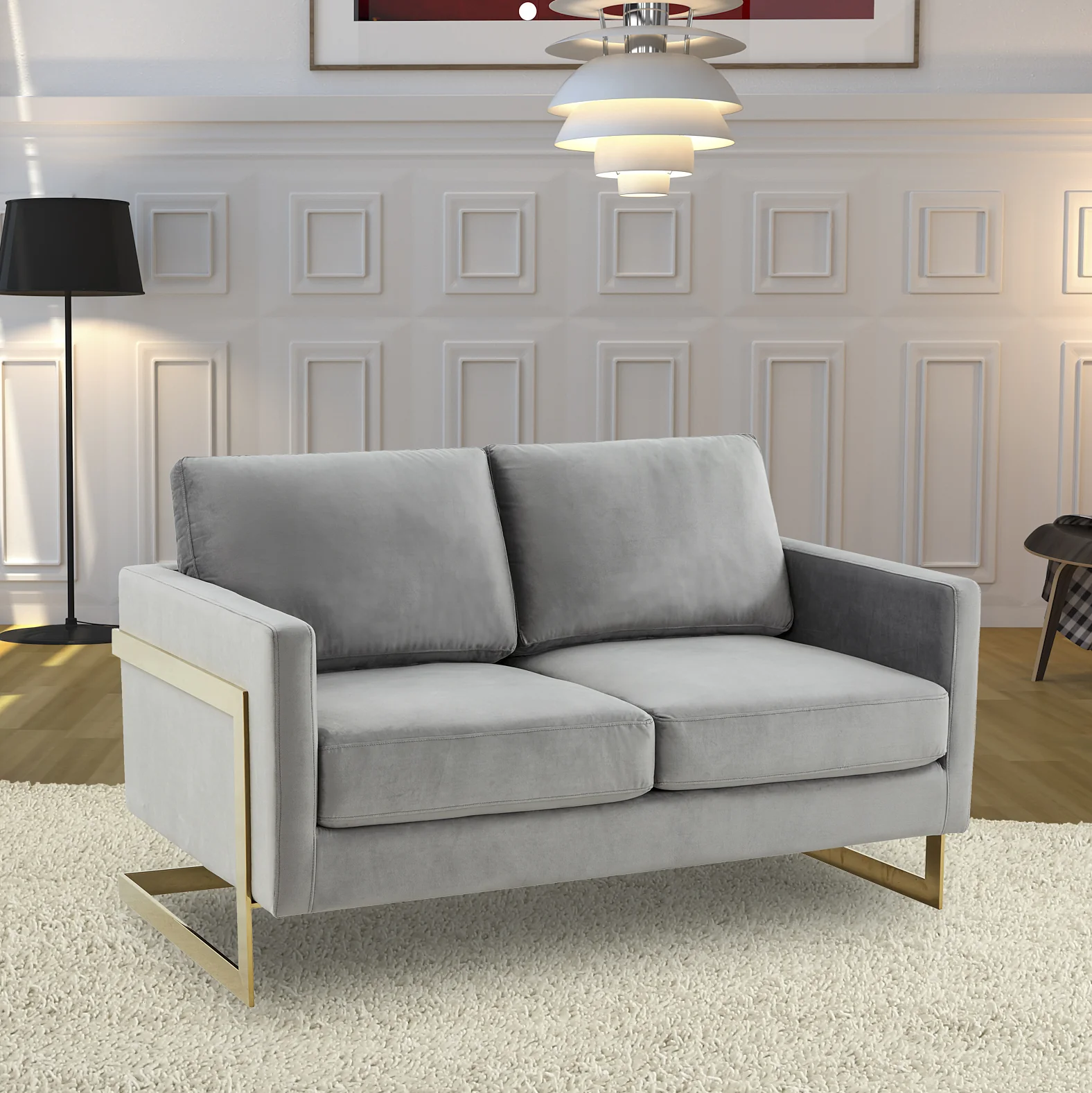 Lincoln Modern Mid-Century Upholstered Velvet Loveseat with Gold Frame
