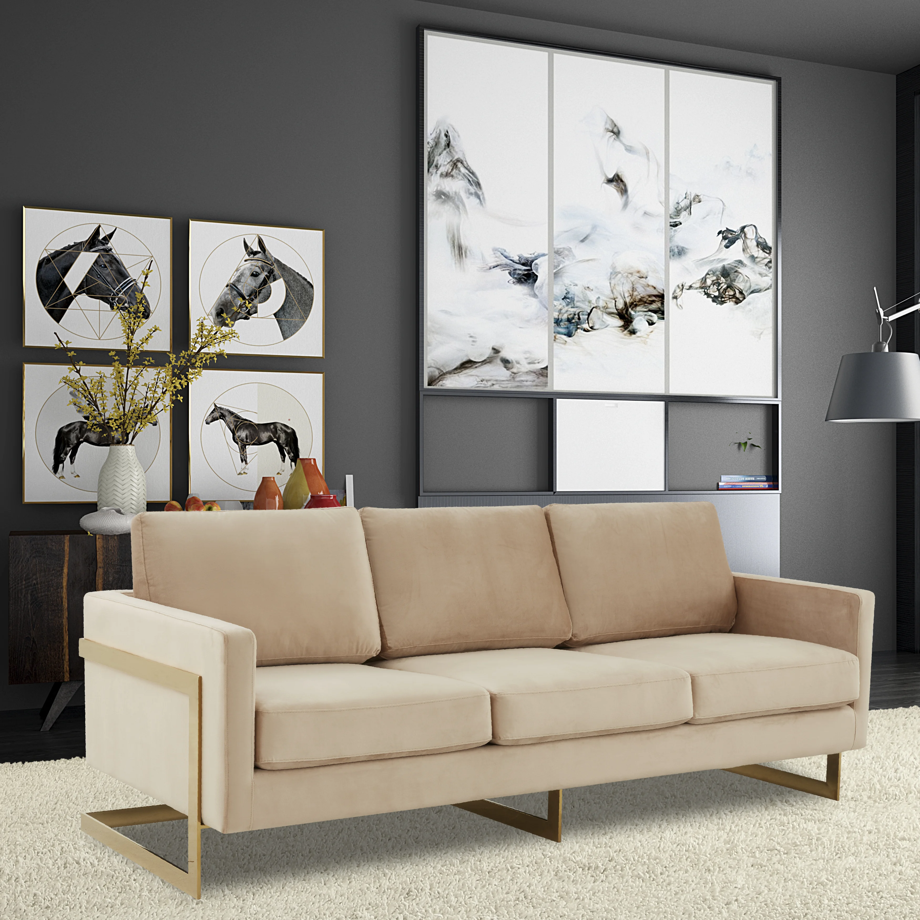 Lincoln Modern Mid-Century Upholstered Velvet Sofa with Gold Frame