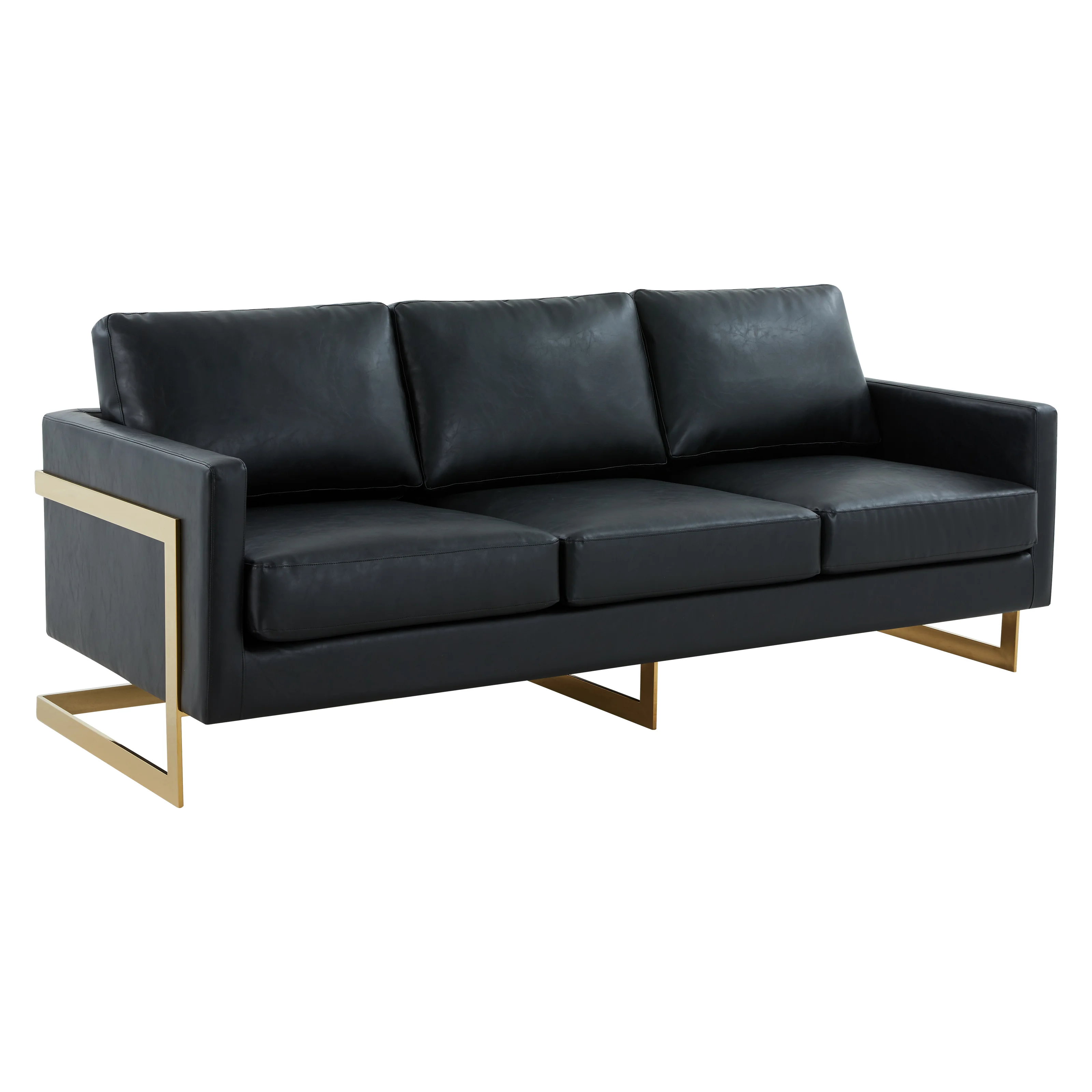 Lincoln Modern Mid-Century Upholstered Leather Sofa with Gold Frame