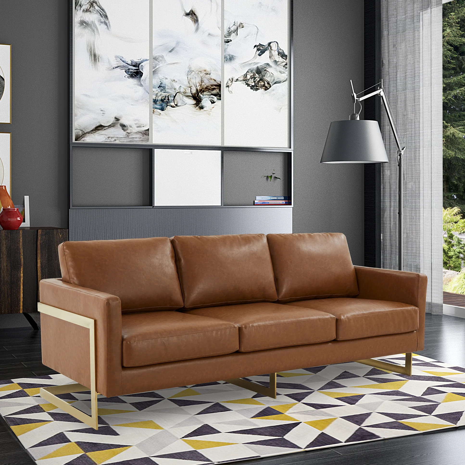 Lincoln Modern Mid-Century Upholstered Leather Sofa with Gold Frame