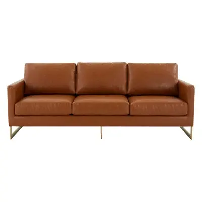Lincoln Modern Mid-Century Upholstered Leather Sofa with Gold Frame