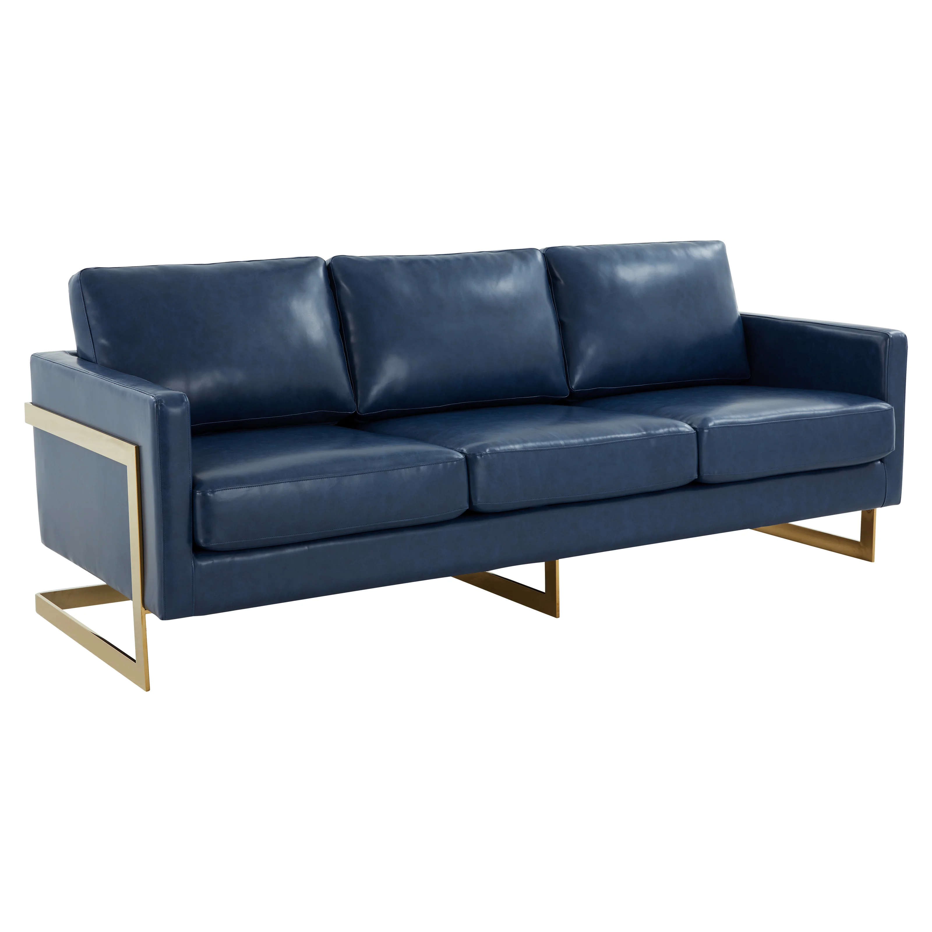 Lincoln Modern Mid-Century Upholstered Leather Sofa with Gold Frame