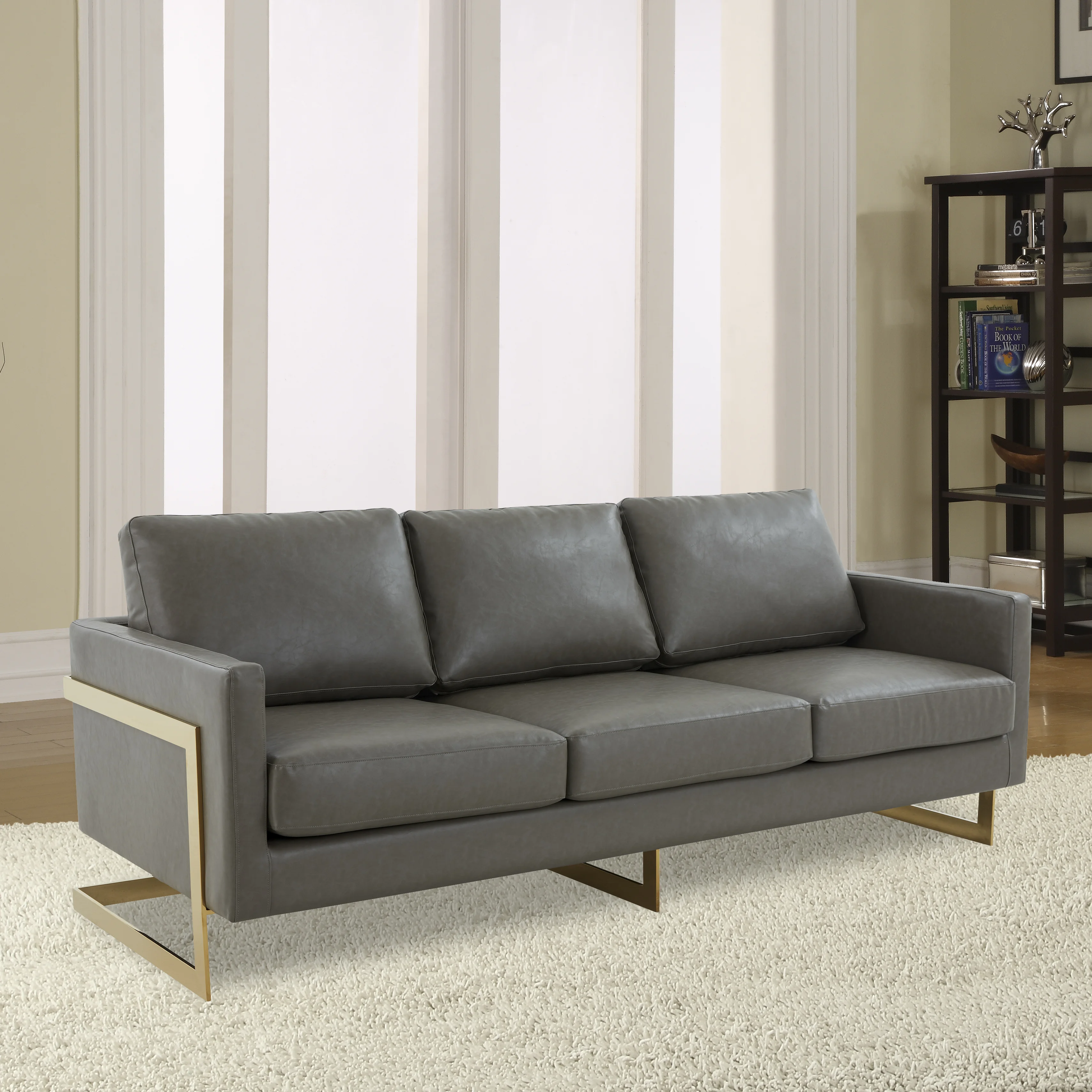 Lincoln Modern Mid-Century Upholstered Leather Sofa with Gold Frame