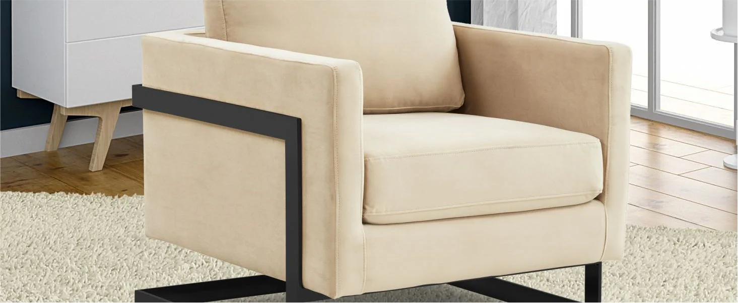 Lincoln Velvet Accent Armchair With Black Steel Frame in Light Grey