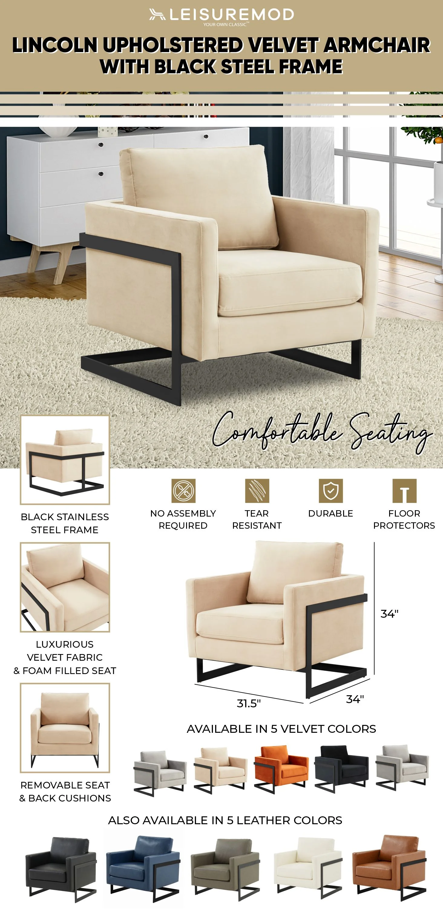 Lincoln Velvet Accent Armchair With Black Steel Frame in Light Grey