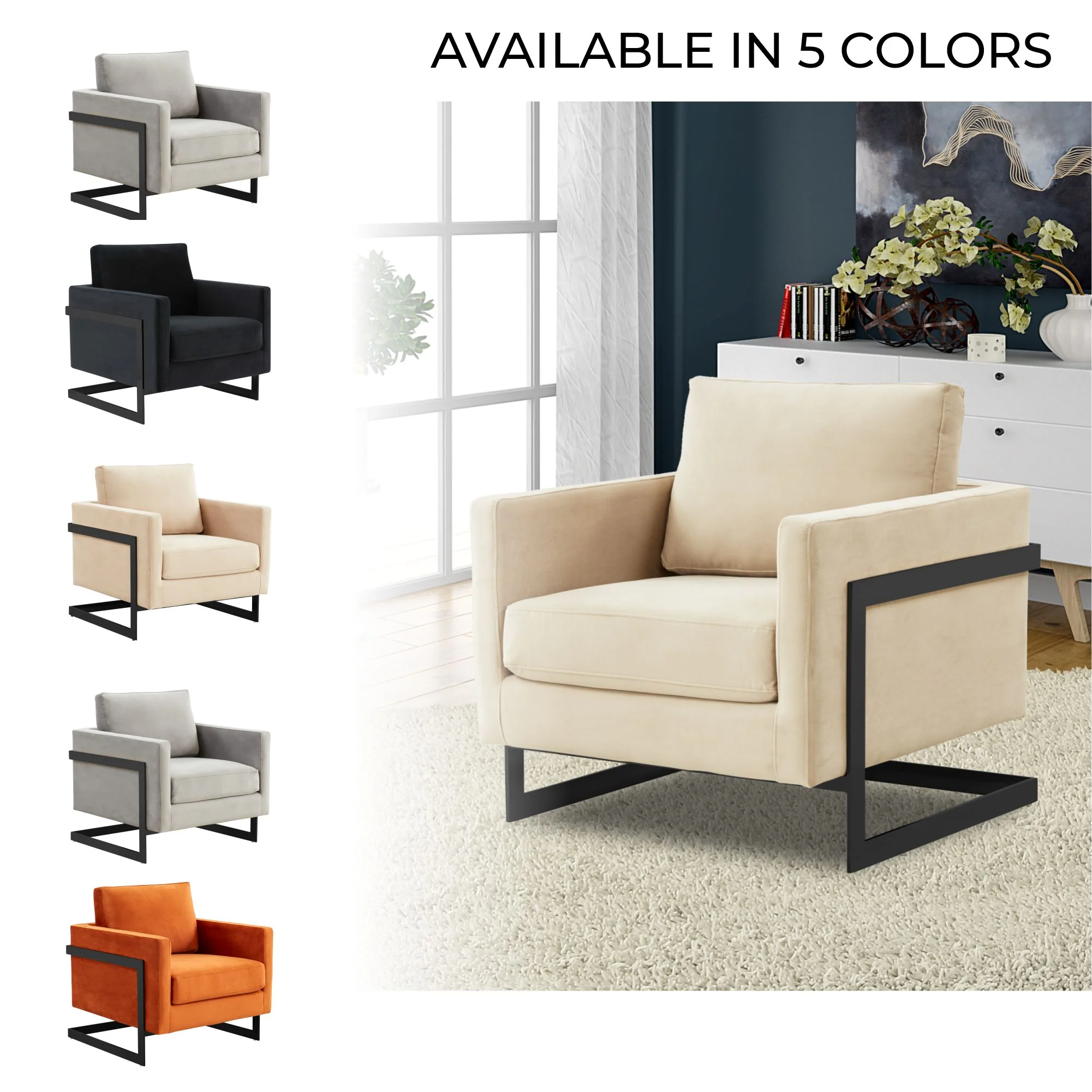 Lincoln Velvet Accent Armchair With Black Steel Frame in Light Grey