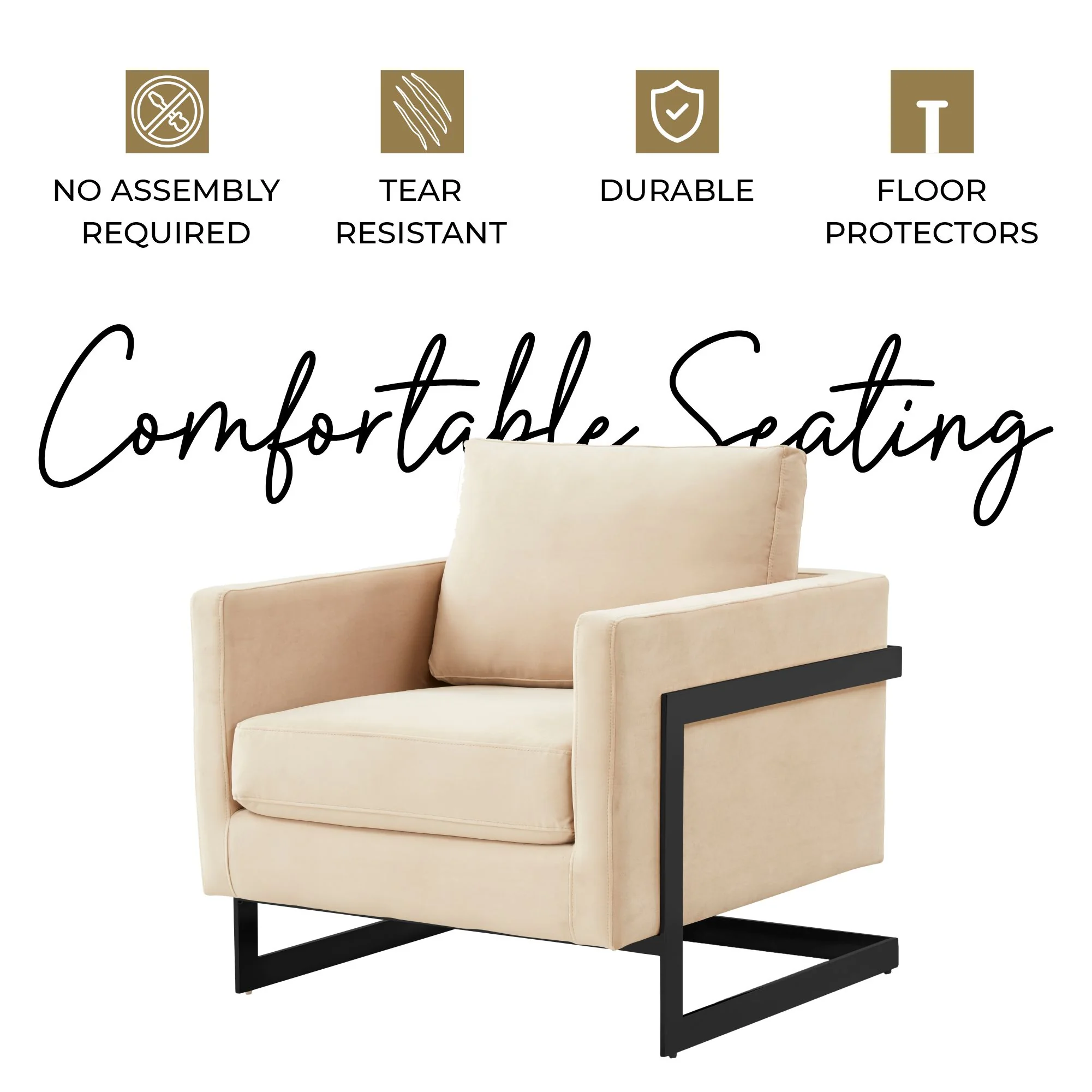 Lincoln Velvet Accent Armchair With Black Steel Frame in Light Grey