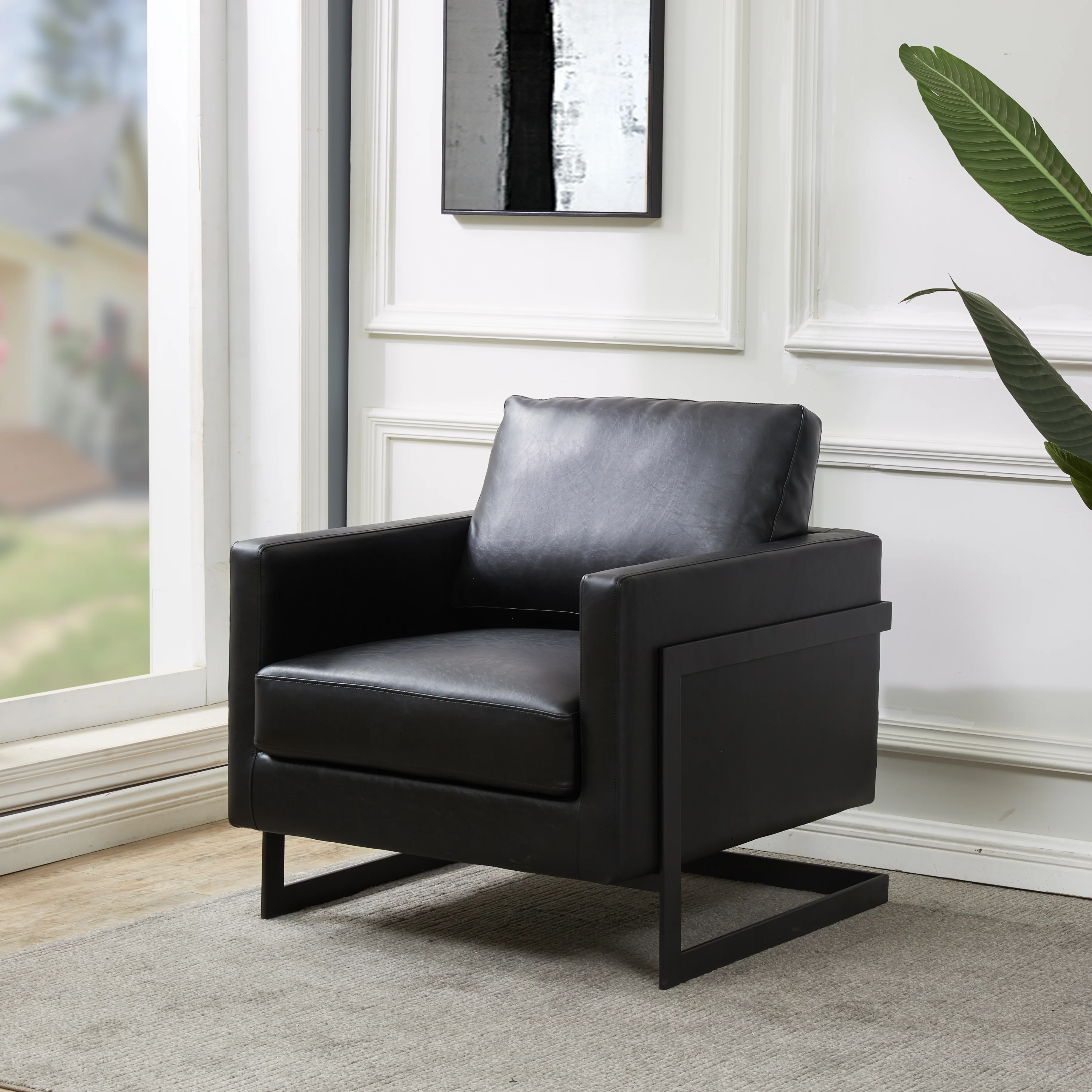 Lincoln Leather Accent Armchair With Black Steel Frame in Black