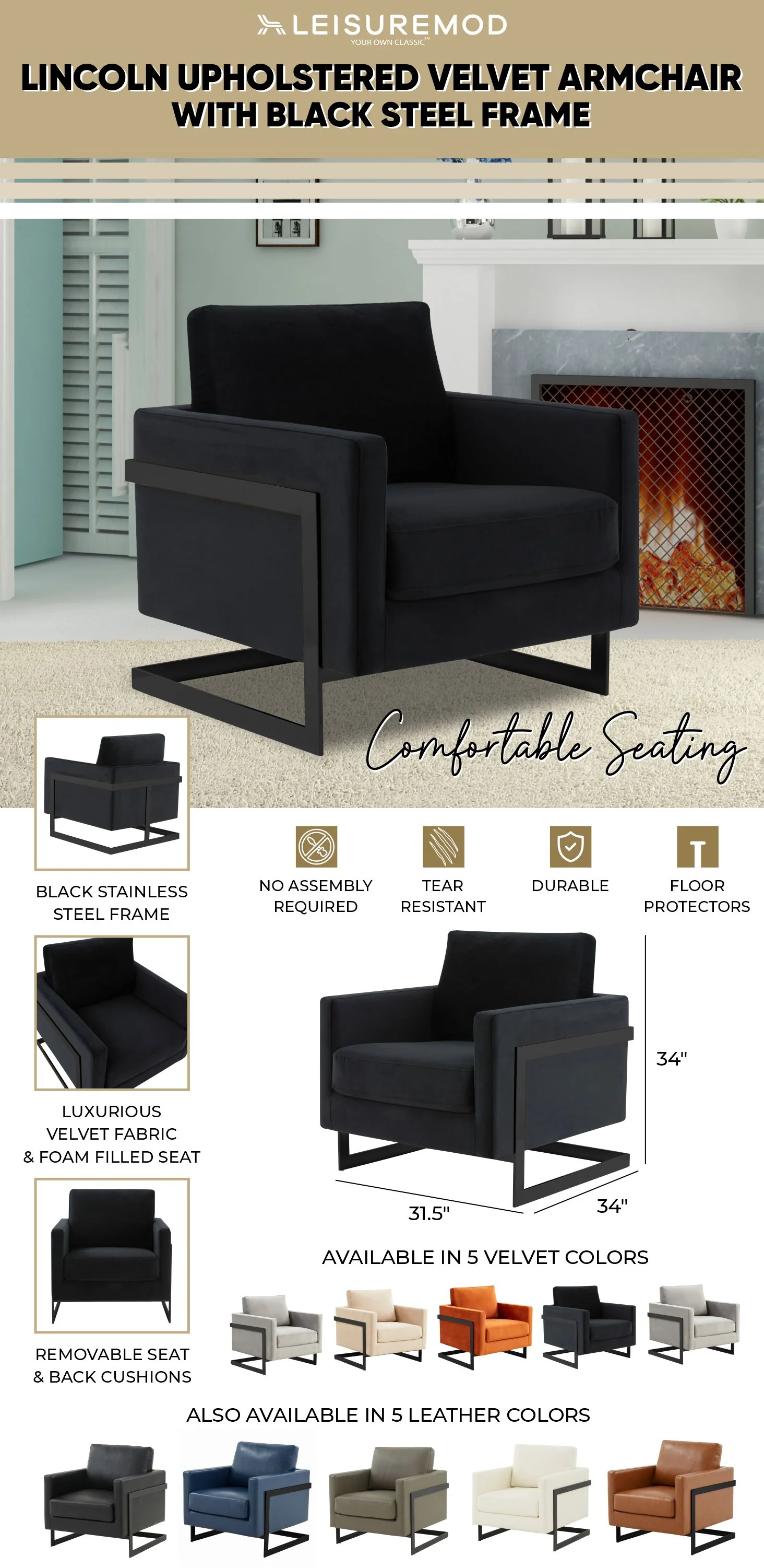 Lincoln Velvet Accent Armchair With Black Steel Frame in Light Grey