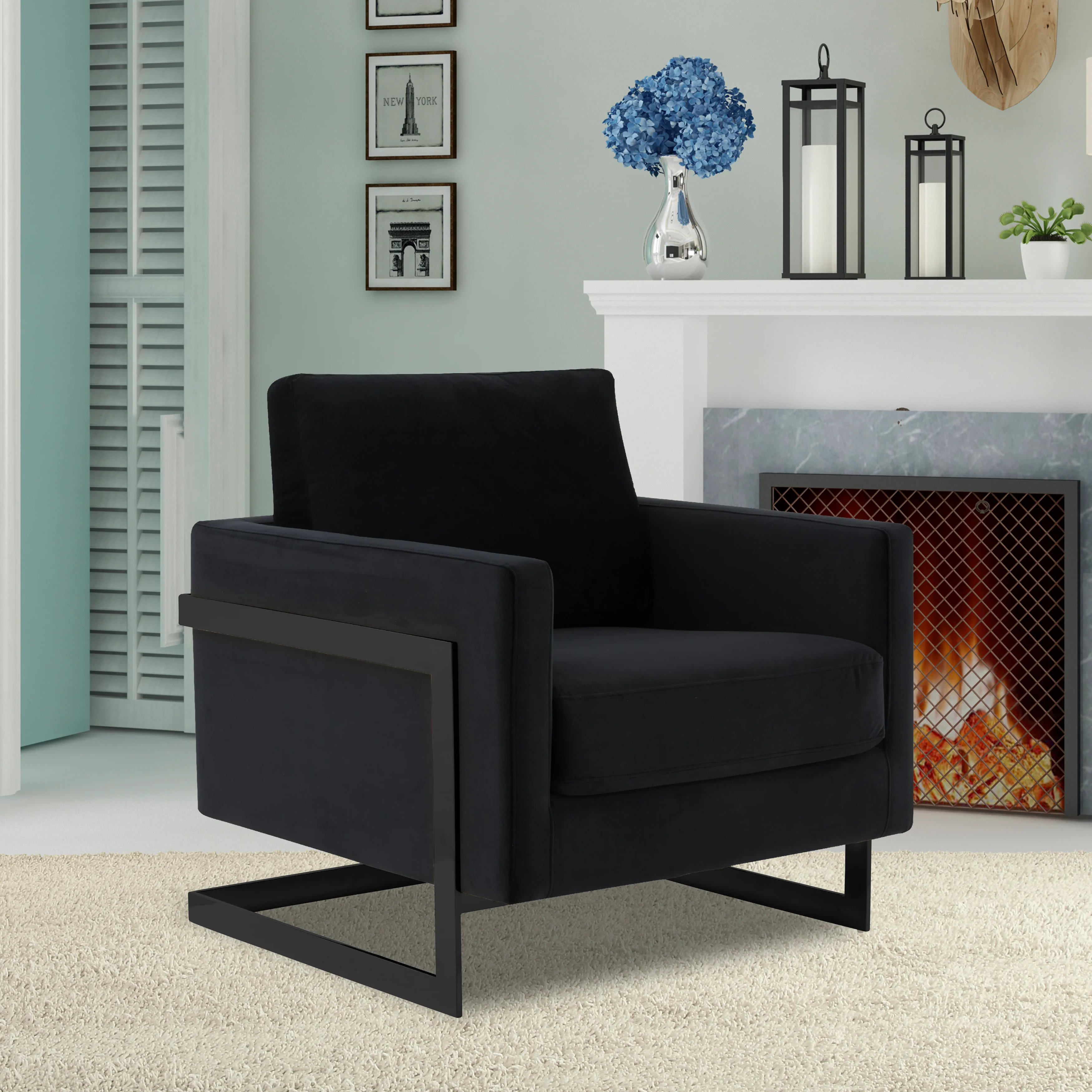 Lincoln Velvet Accent Armchair With Black Steel Frame in Light Grey