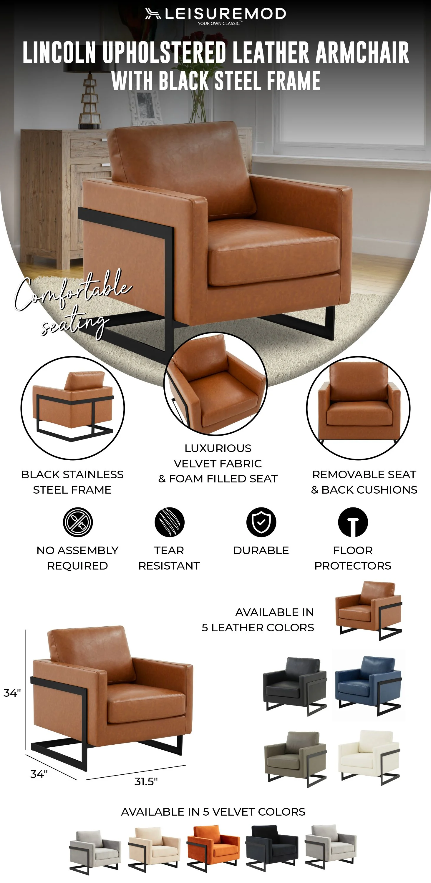 Lincoln Leather Accent Armchair With Black Frame