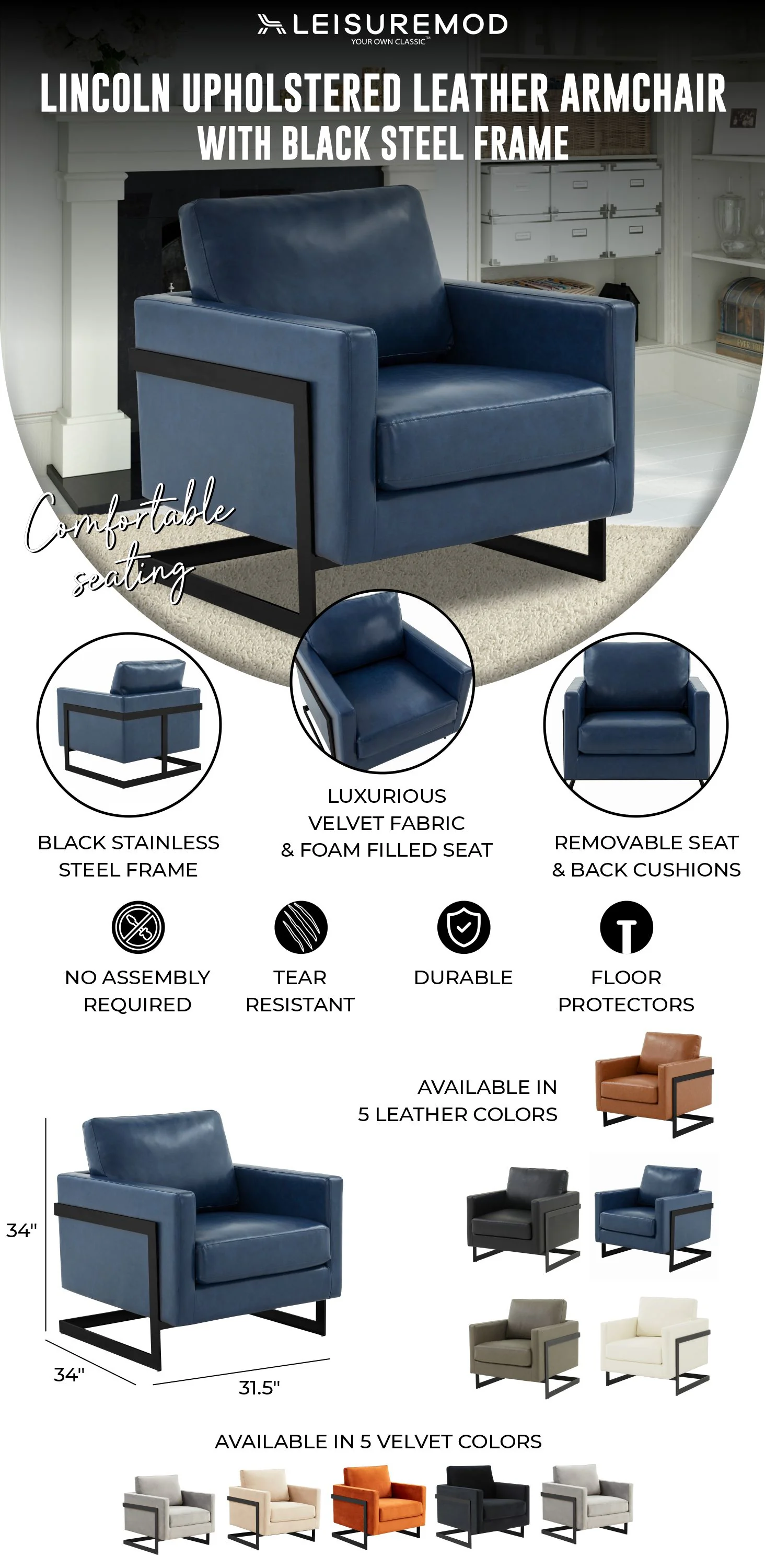 Lincoln Leather Accent Armchair With Black Frame