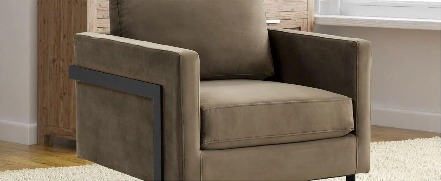 Lincoln Velvet Accent Armchair With Black Steel Frame in Light Grey