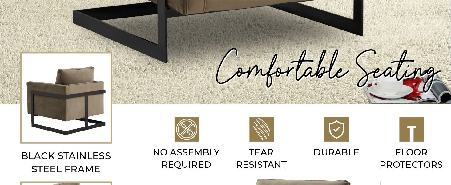 Lincoln Velvet Accent Armchair With Black Steel Frame in Light Grey