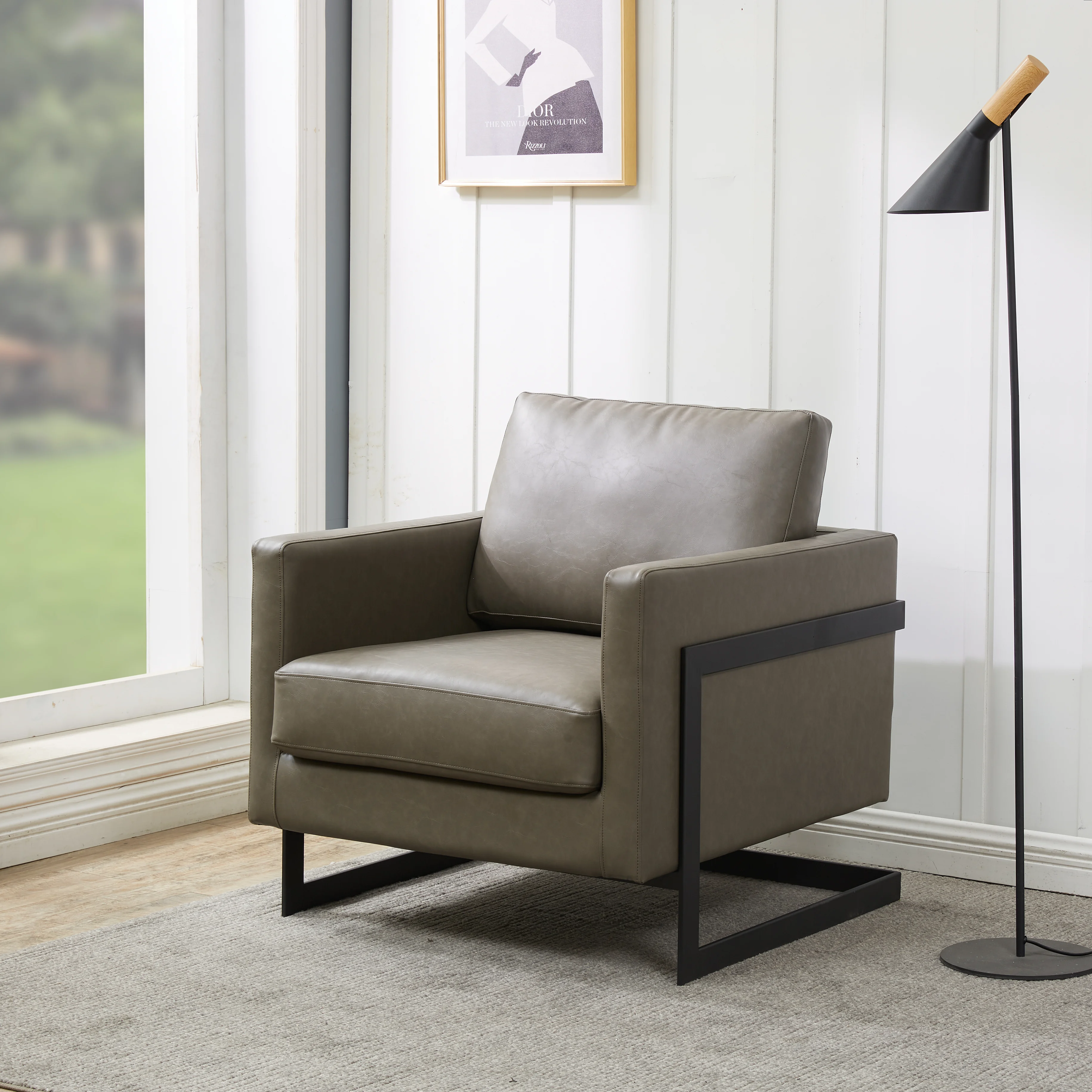 Lincoln Leather Accent Armchair With Black Steel Frame in Grey