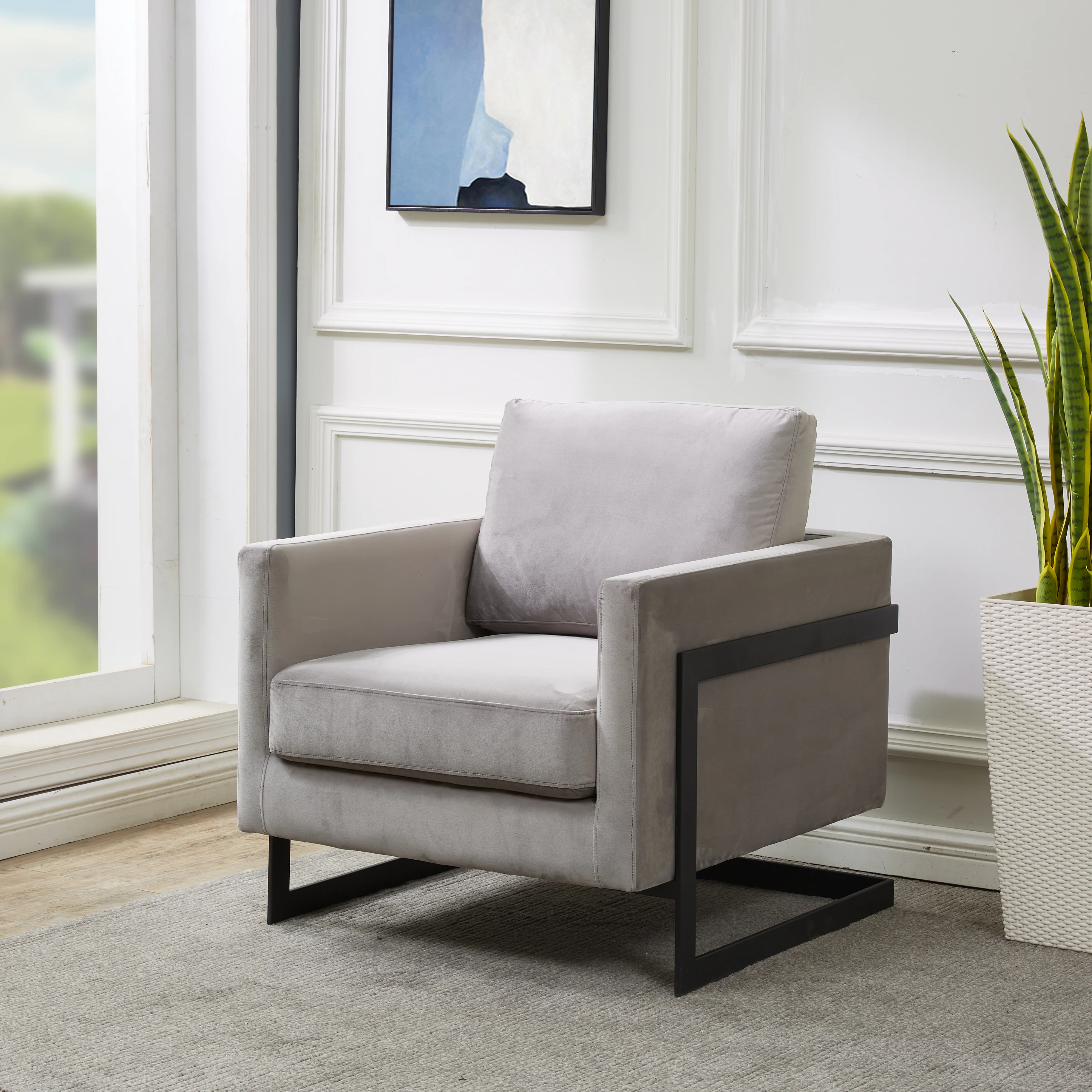 Lincoln Velvet Accent Armchair With Black Steel Frame in Light Grey
