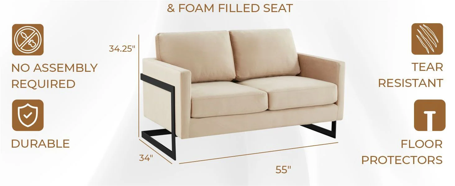 Lincoln Beige Velvet Loveseat With Black Frame