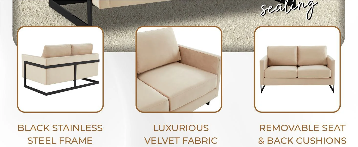 Lincoln Beige Velvet Loveseat With Black Frame