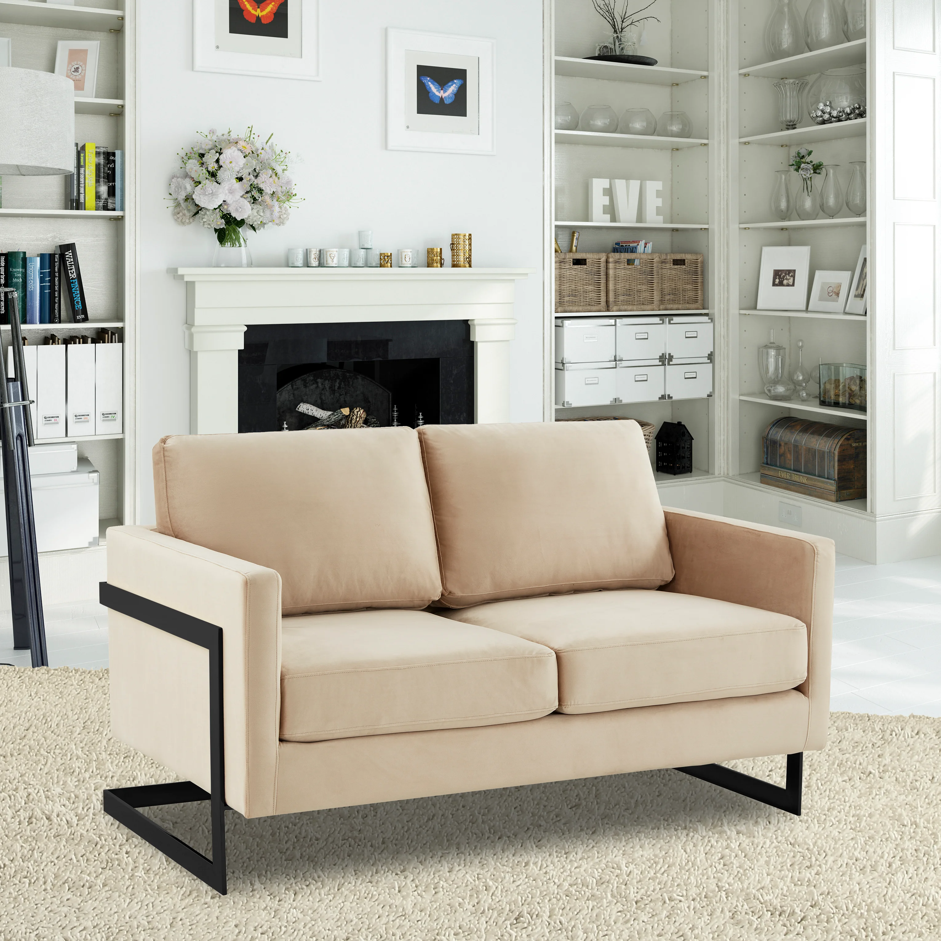 Lincoln Beige Velvet Loveseat With Black Frame