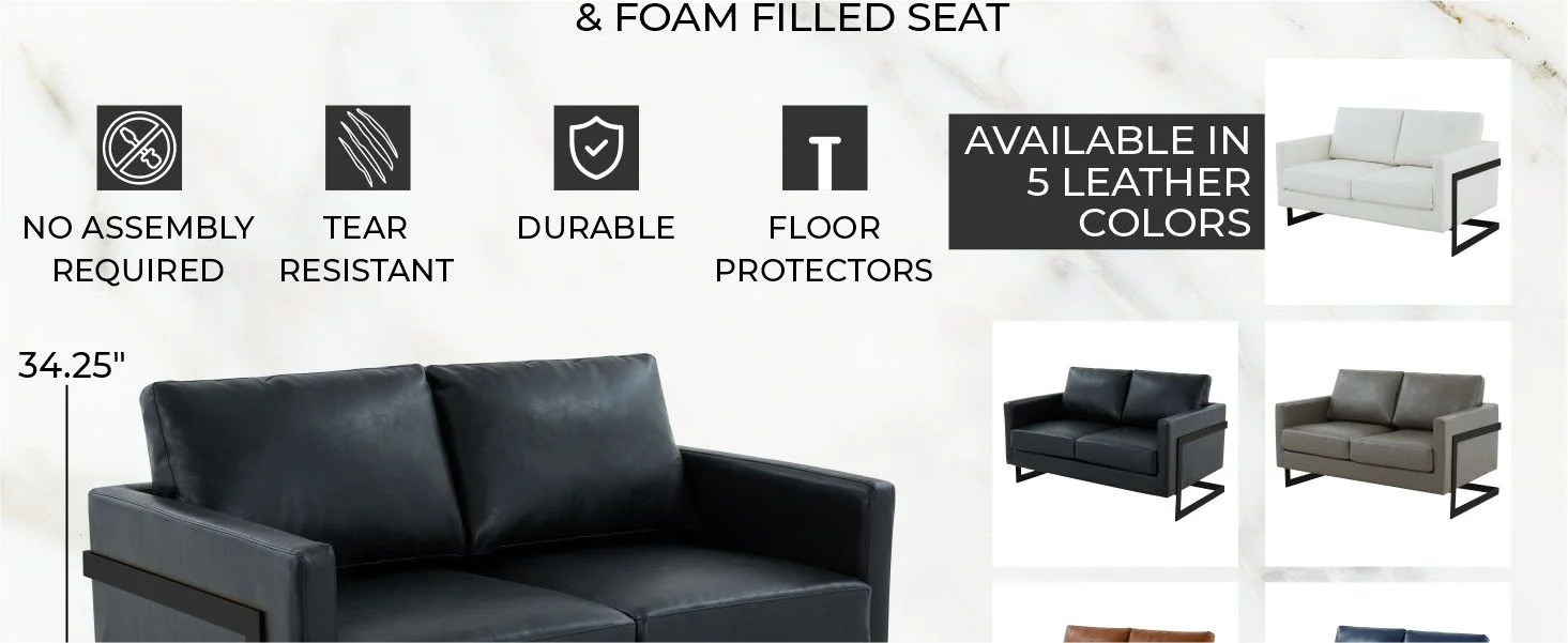 Lincoln Black Leather Loveseat With Black Frame