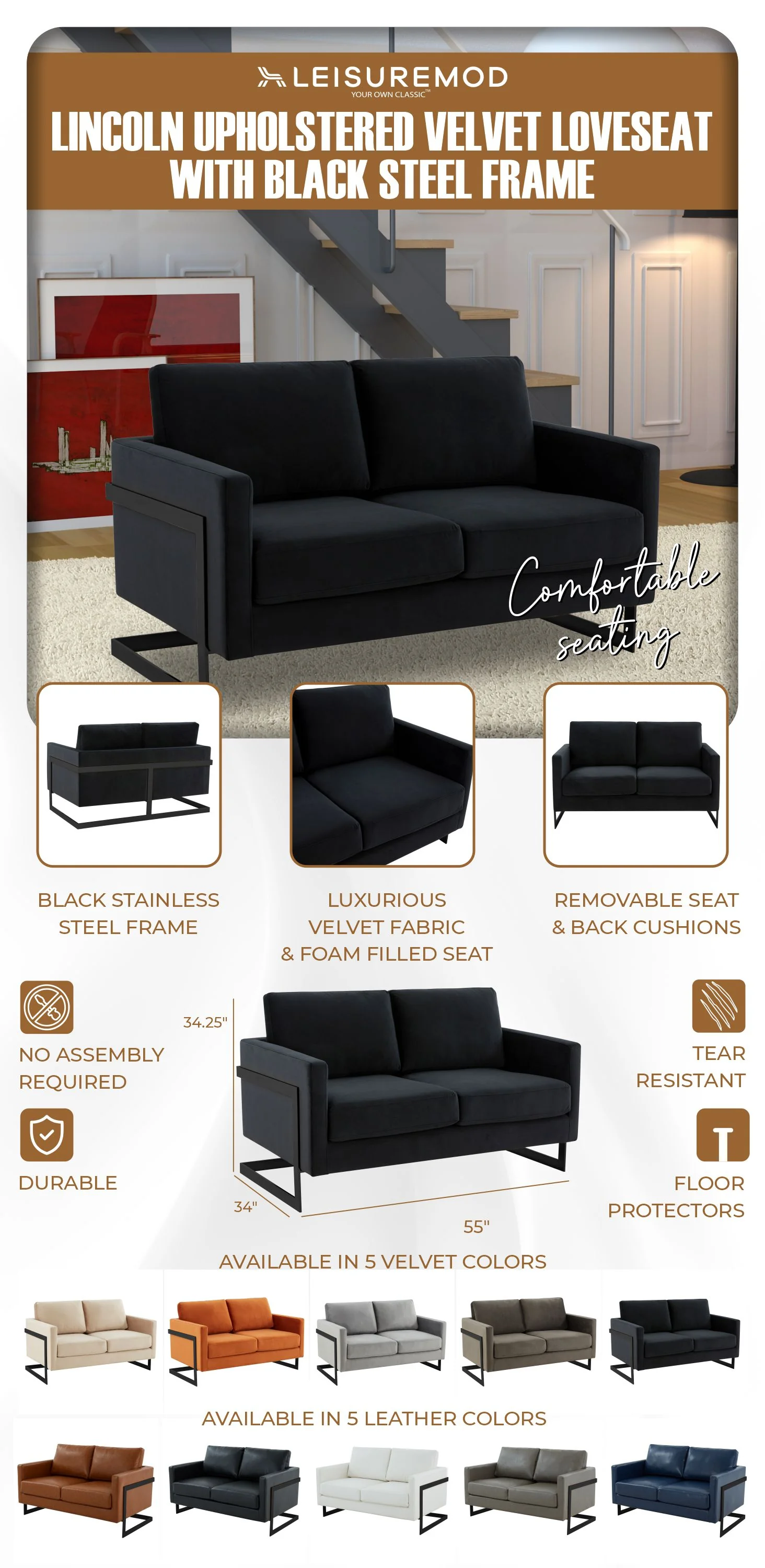 Lincoln Black Velvet Loveseat With Black Frame