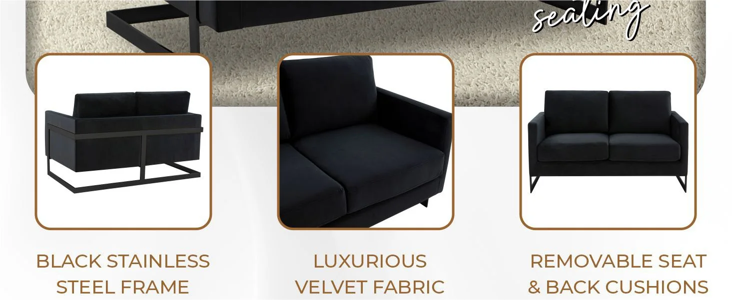 Lincoln Black Velvet Loveseat With Black Frame