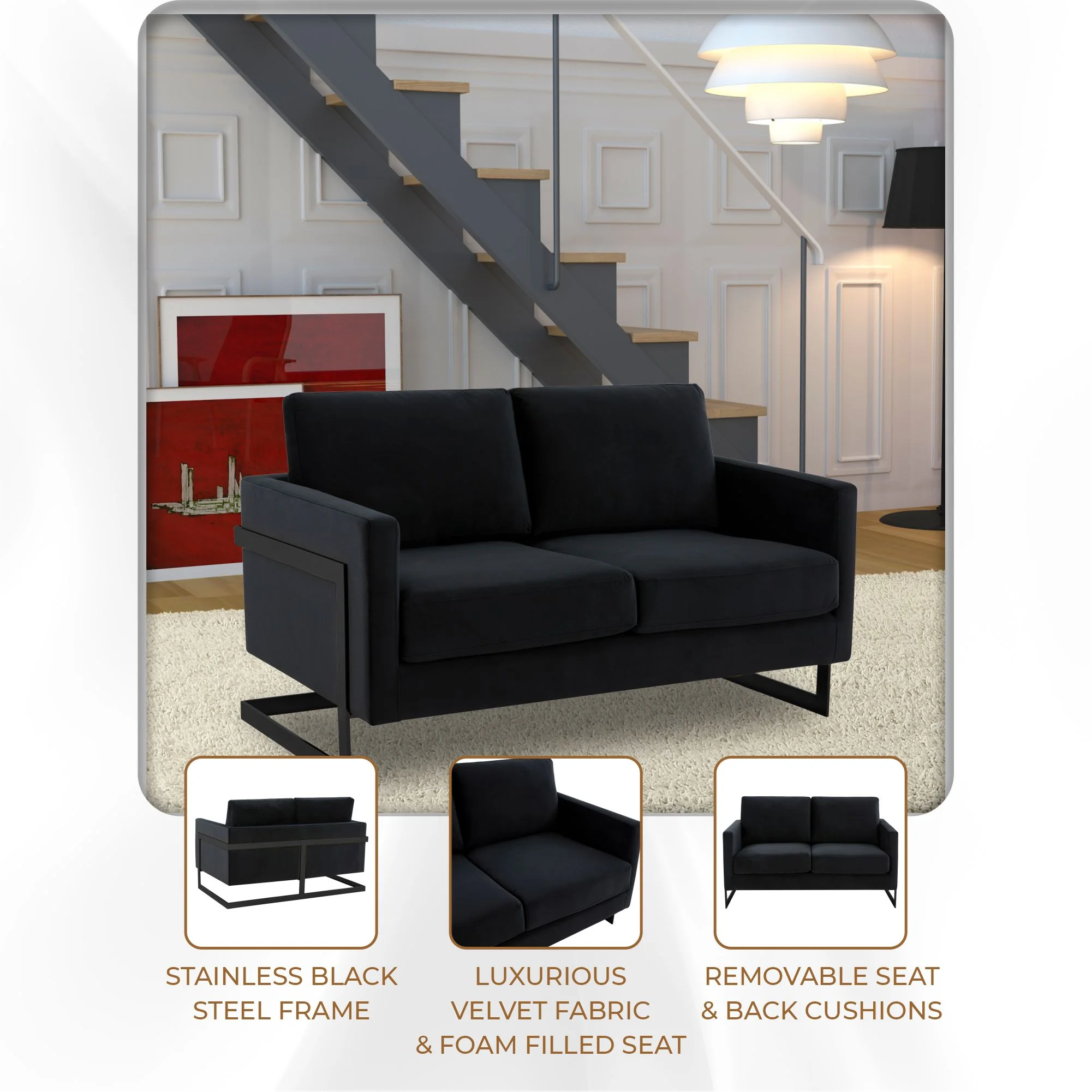 Lincoln Black Velvet Loveseat With Black Frame