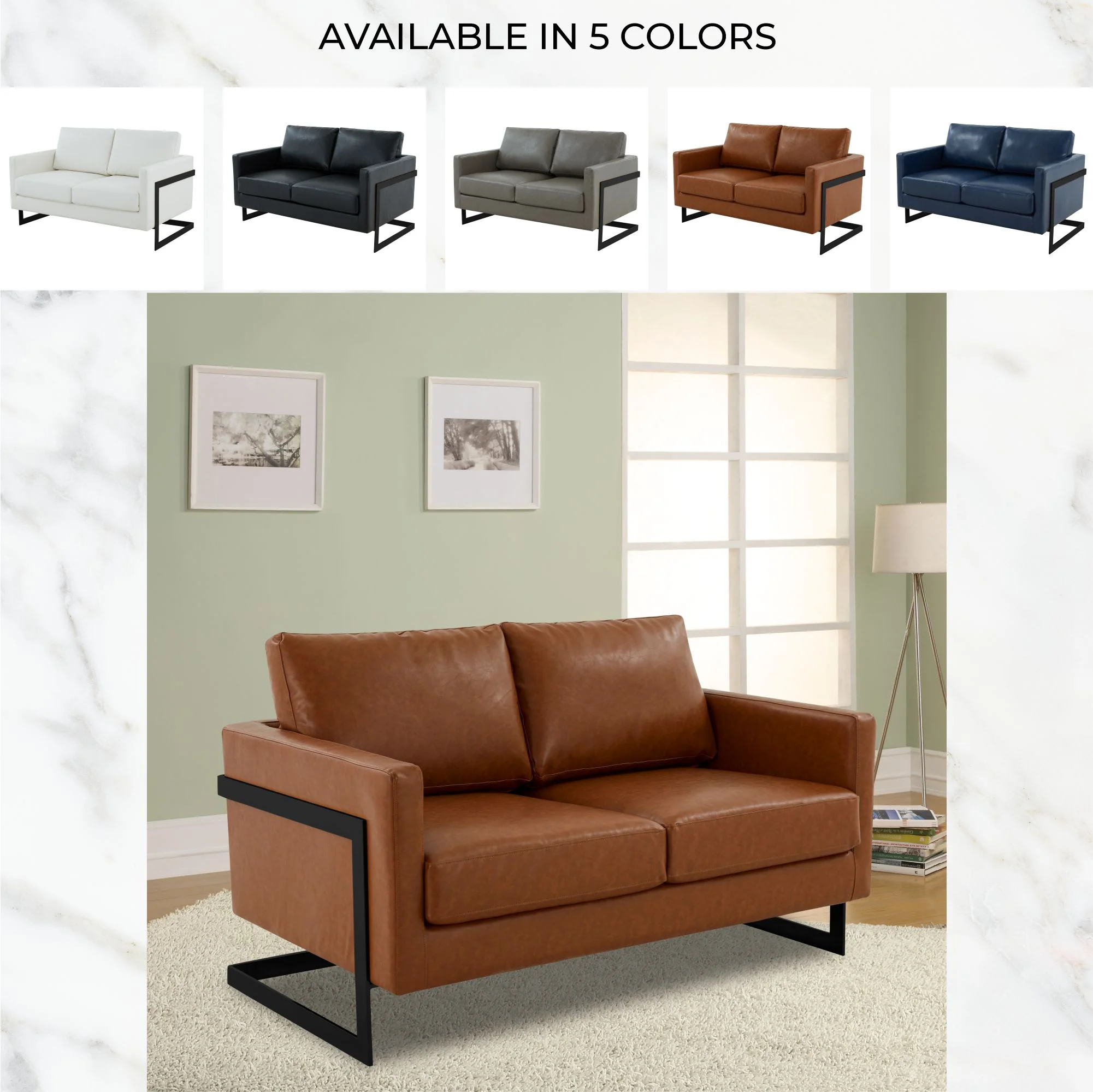 Lincoln Brown Leather Loveseat With Black Frame