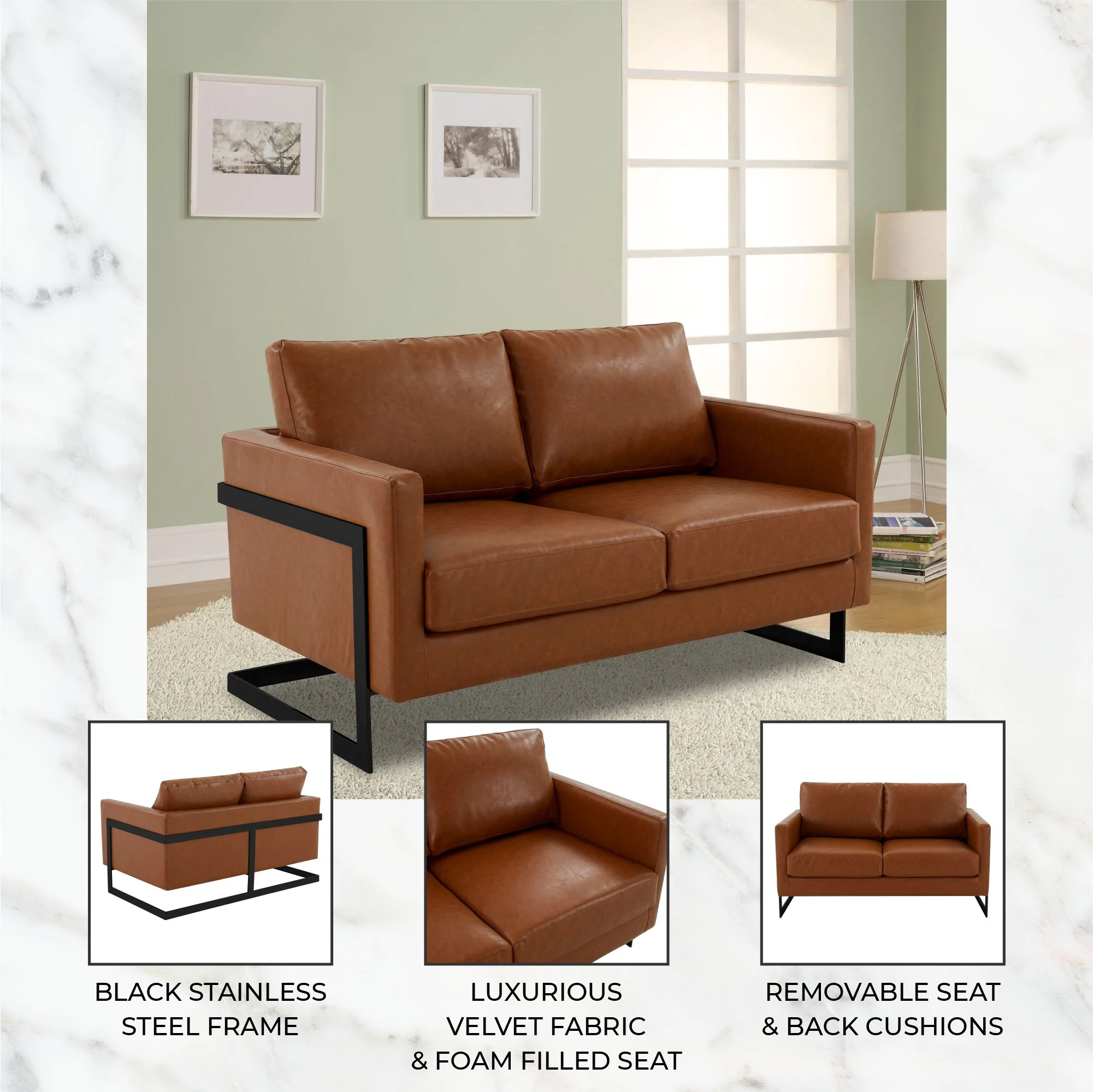 Lincoln Brown Leather Loveseat With Black Frame