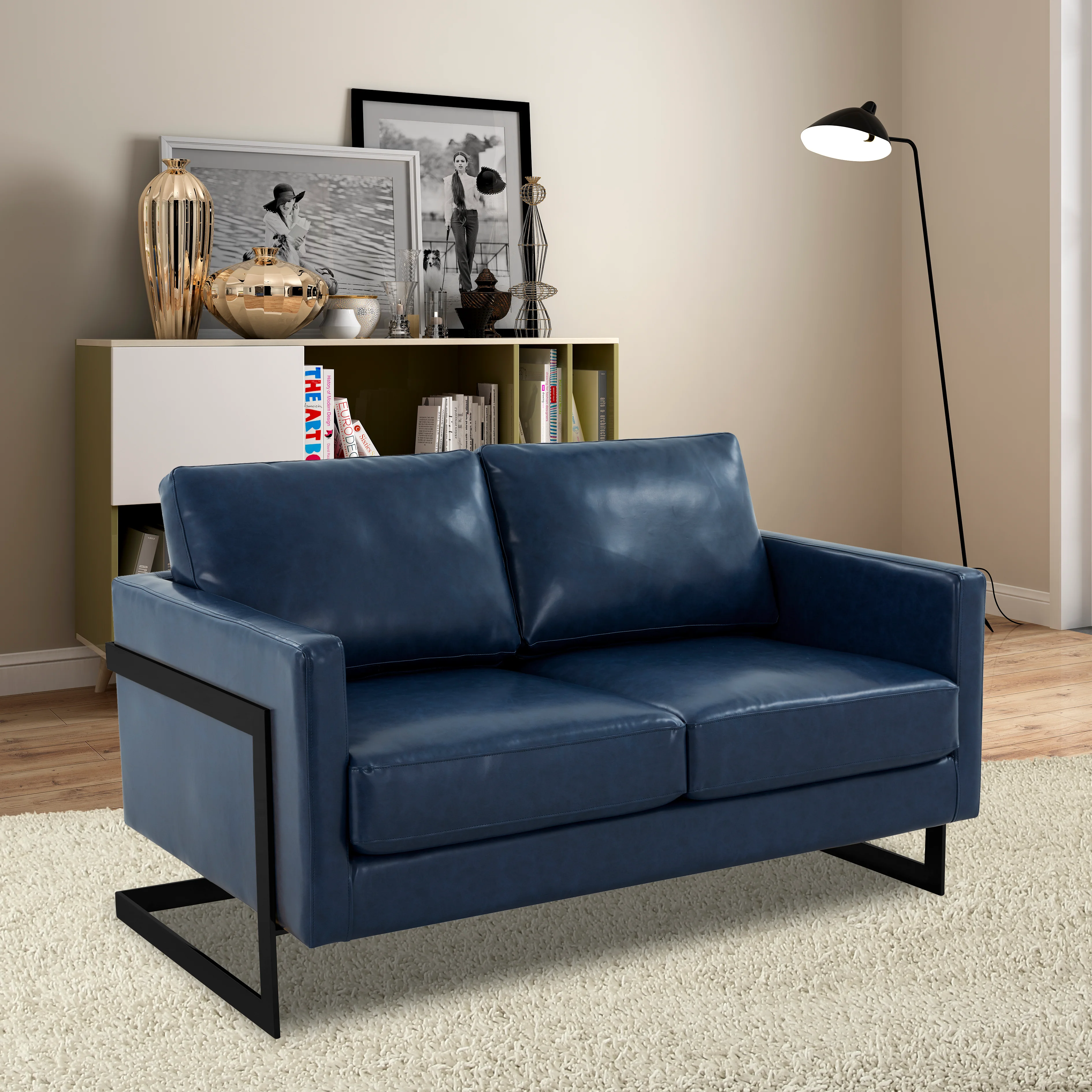 Lincoln Blue Leather Loveseat With Black Frame
